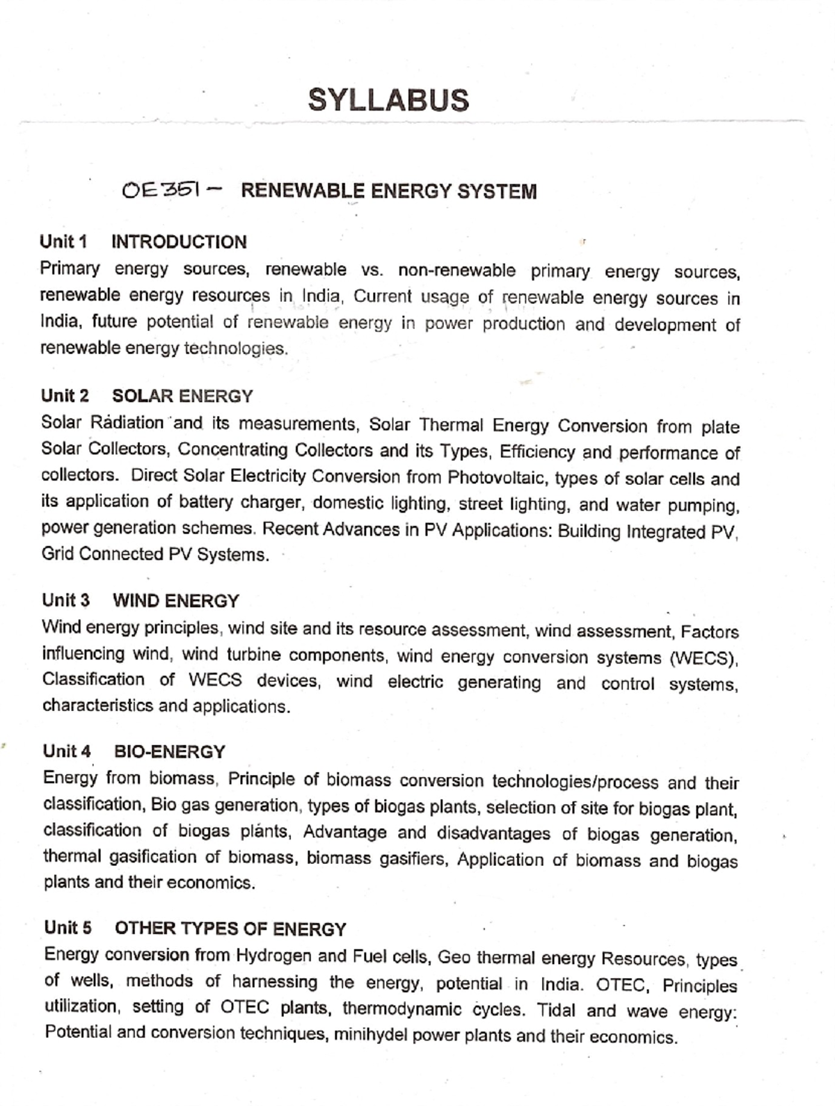 SYLLABUS OE351 RENEWABLE ENERGY SYSTEM: Units 1-5 Overview and Insights ...