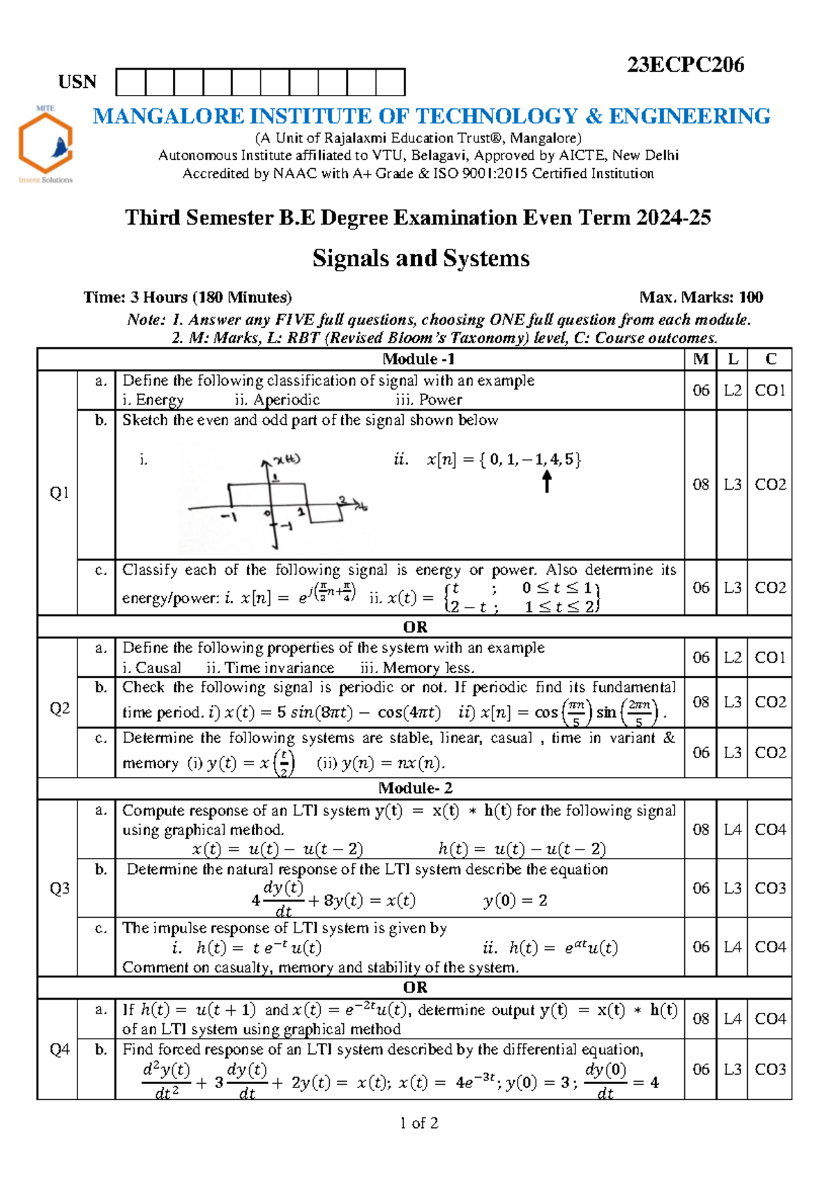 23ECPC206 Signals and Systems Even Term Exam Questions and Solutions ...