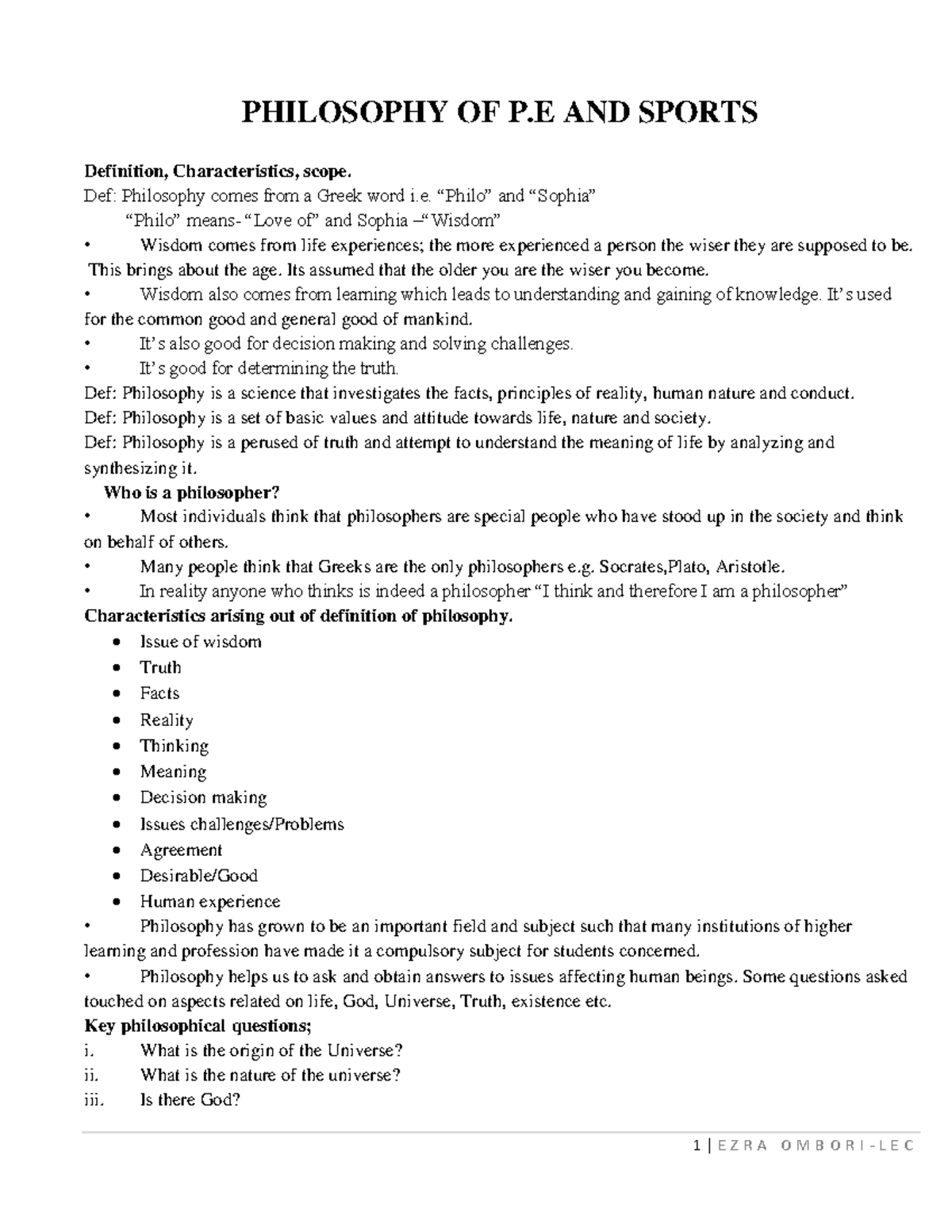 Philosophy OF Physical Education - PHILOSOPHY OF P AND SPORTS ...