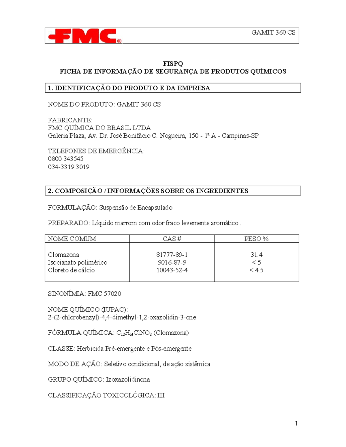 FISPQ - Gamit 360 CS: Ficha de Informação de Segurança Química - Studocu
