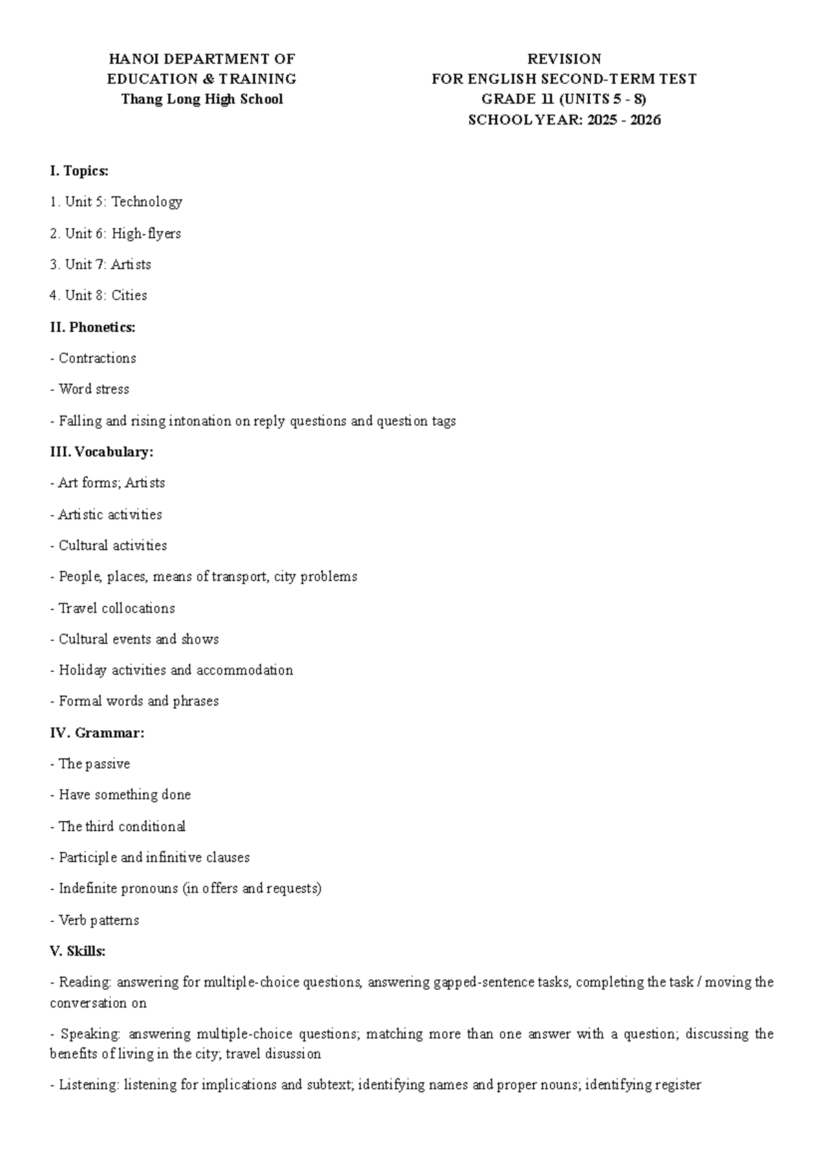 Grade 11 English Test Revision (Units 5-8) - 2025-2026 - Studocu
