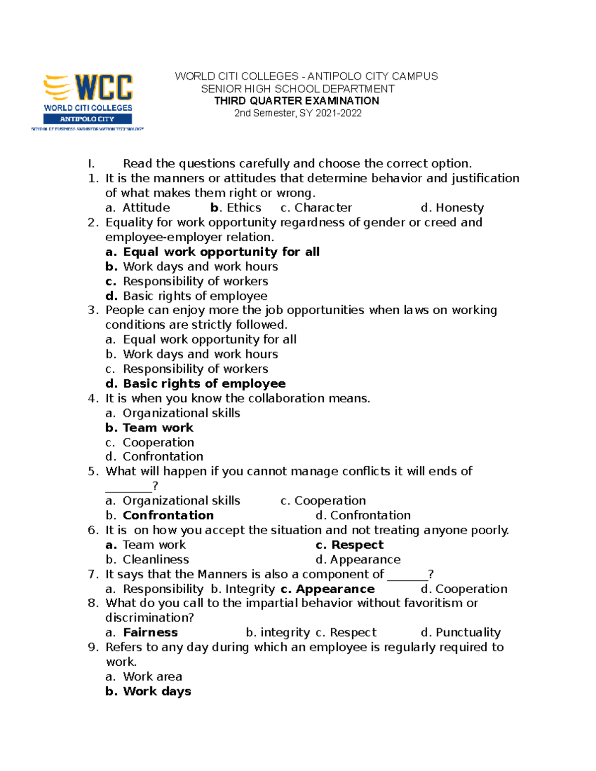 Work Immerssion exam - examination - WORLD CITI COLLEGES - ANTIPOLO ...
