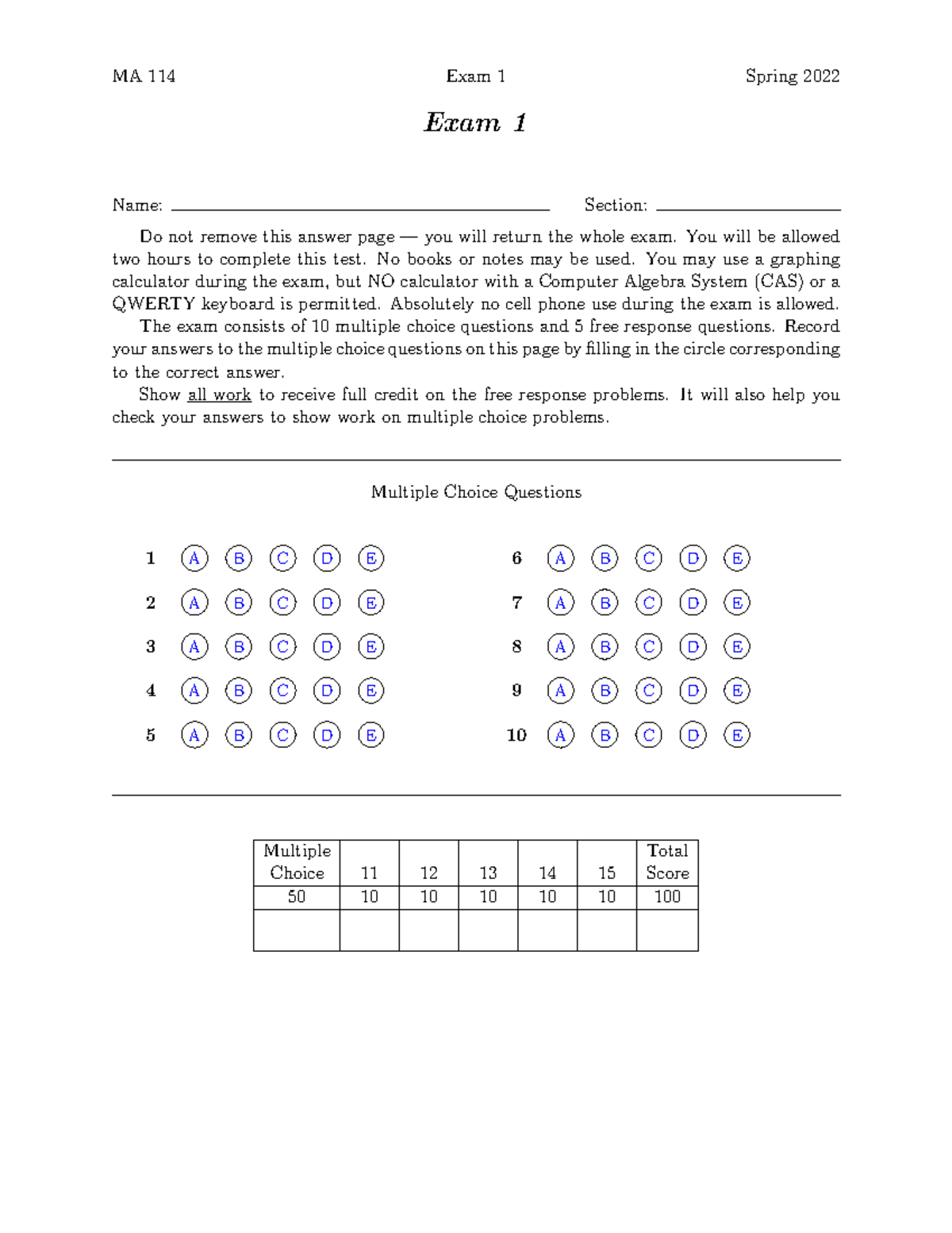MA 114 Exam 1 Spring 2022 - Complete Test with Solutions - Studocu