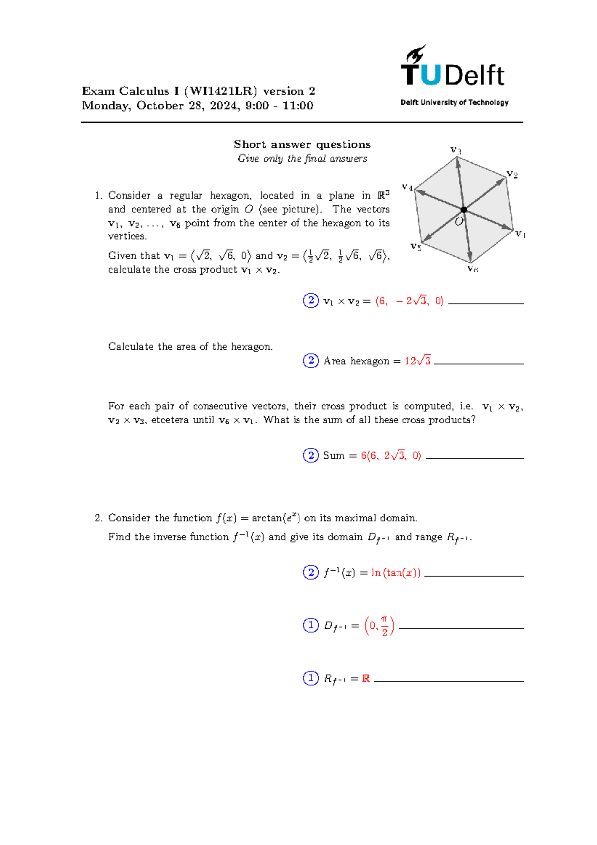 Calculus I Exam (WI1421LR) - Short Answer Questions 2024 V2 - Studeersnel