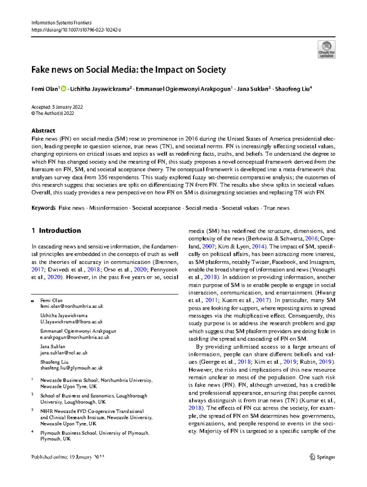 Fake news on Social Media the Impact on Society - Vol.:(0123456789)1 3 ...