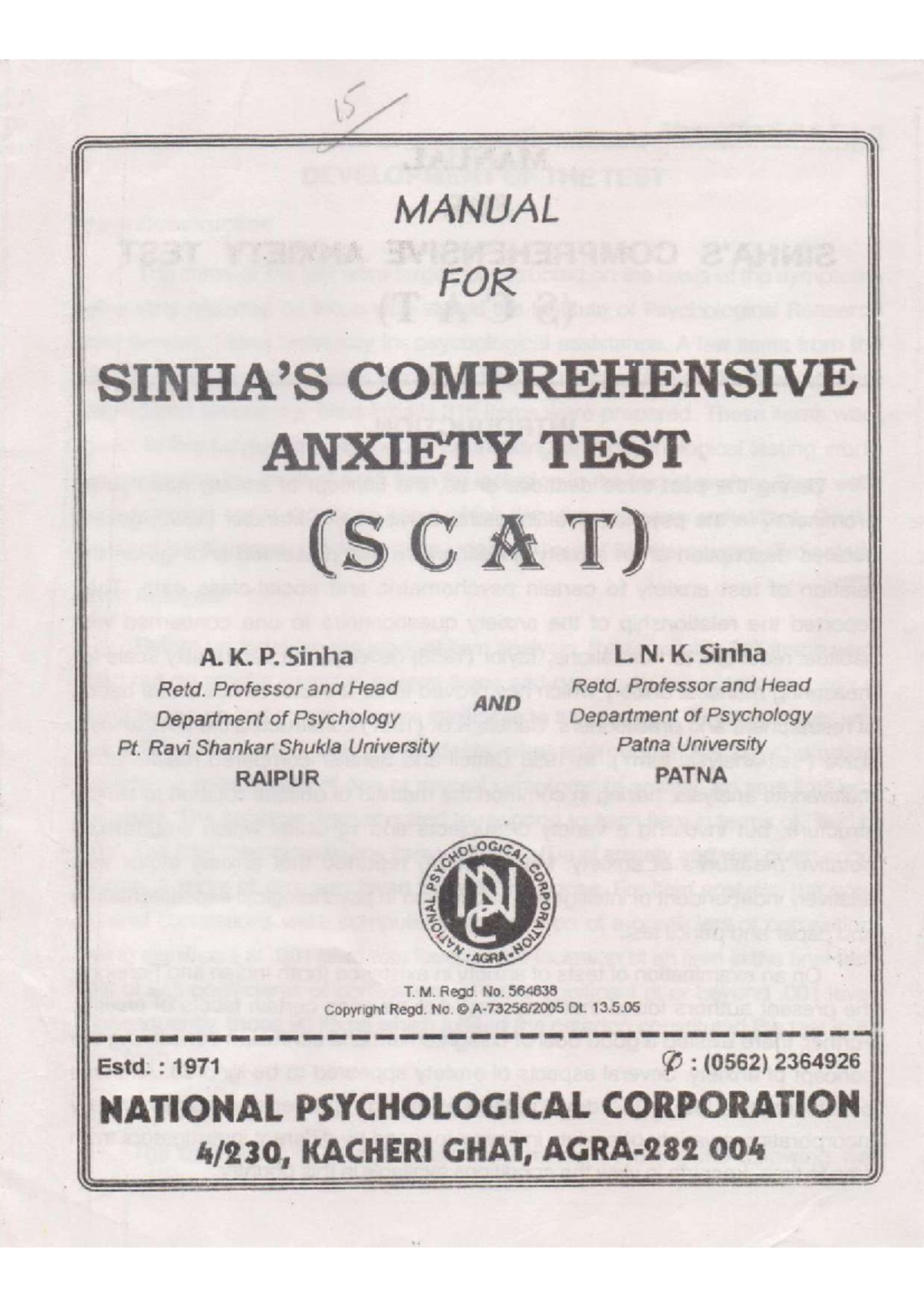 SCAT Manual: 90 Items for Popular Anxiety Test Evaluation - Document Preview