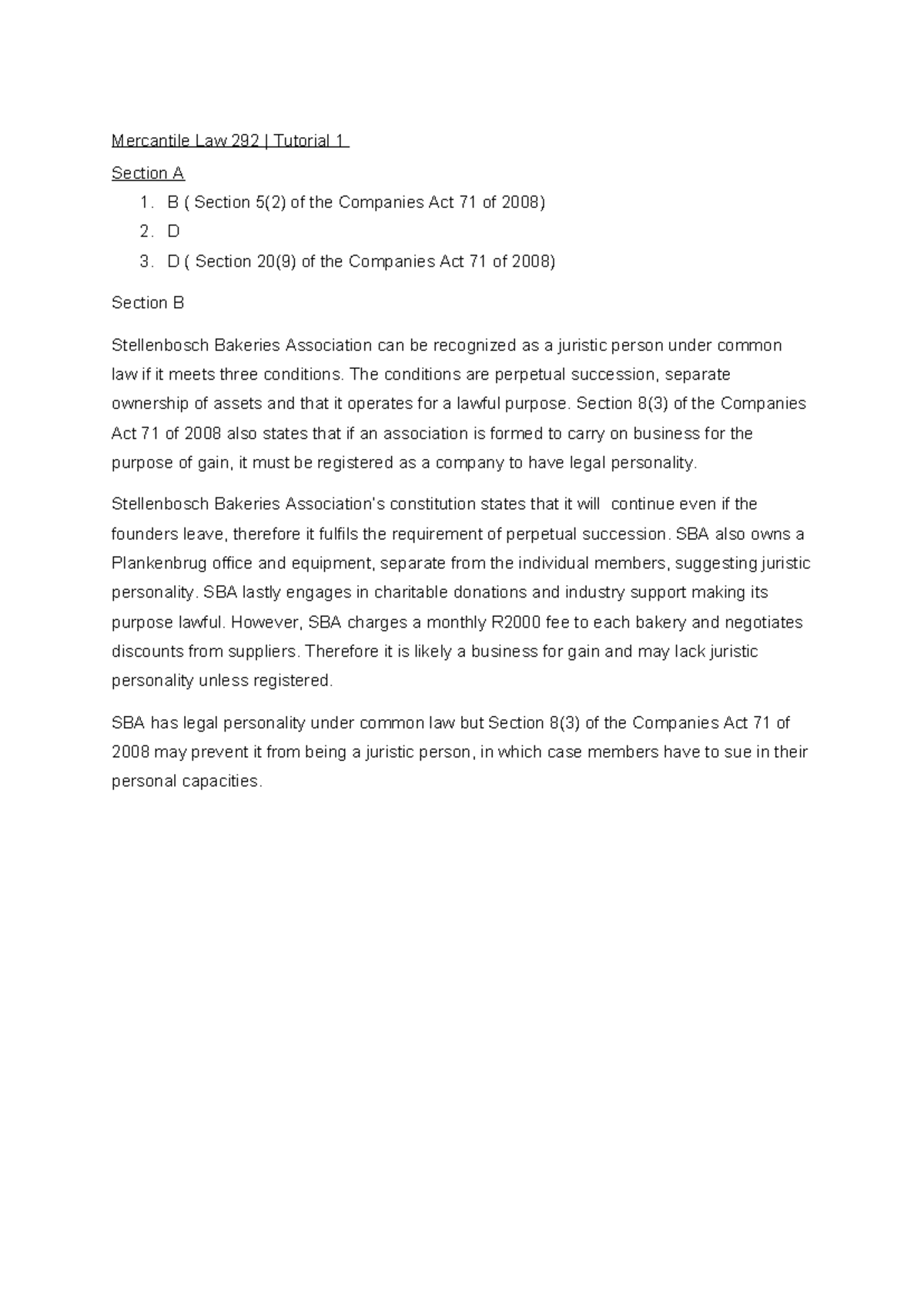 ML 292 Tutorial 1 - Mercantile Law 292 | Tutorial 1 Section A 1. B ...