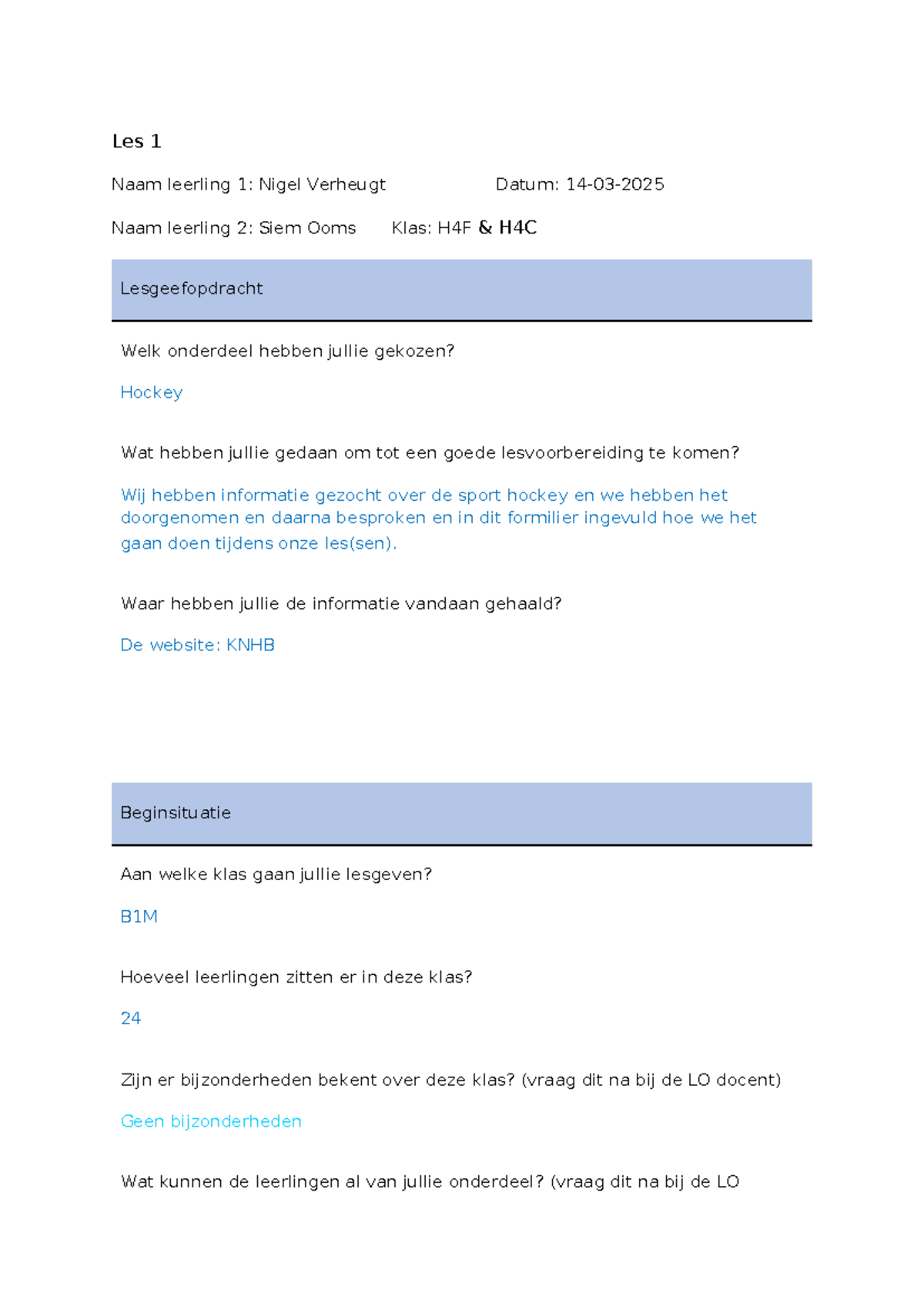 H4F & H4C Lesgeefopdracht: Lesplanning en Doelstellingen voor Hockey ...