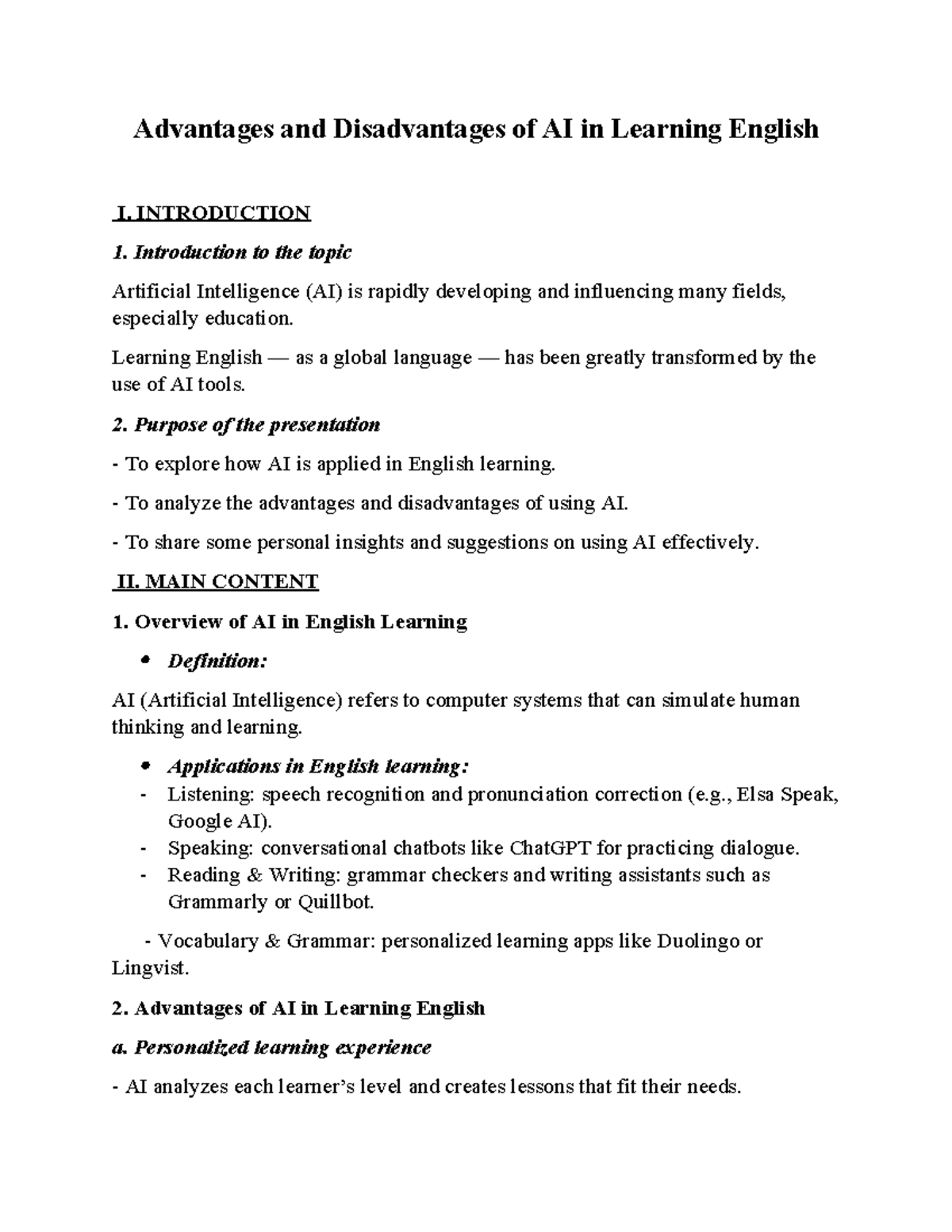 AI in English Learning: Pros & Cons Analysis - Studocu