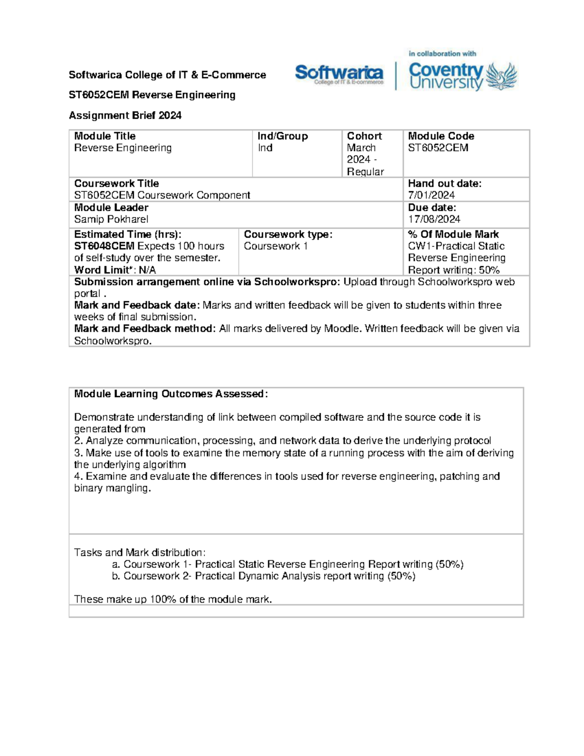 ST6052CEM Reverse Engineering Assignment Brief - Coursework 2024 - Studocu