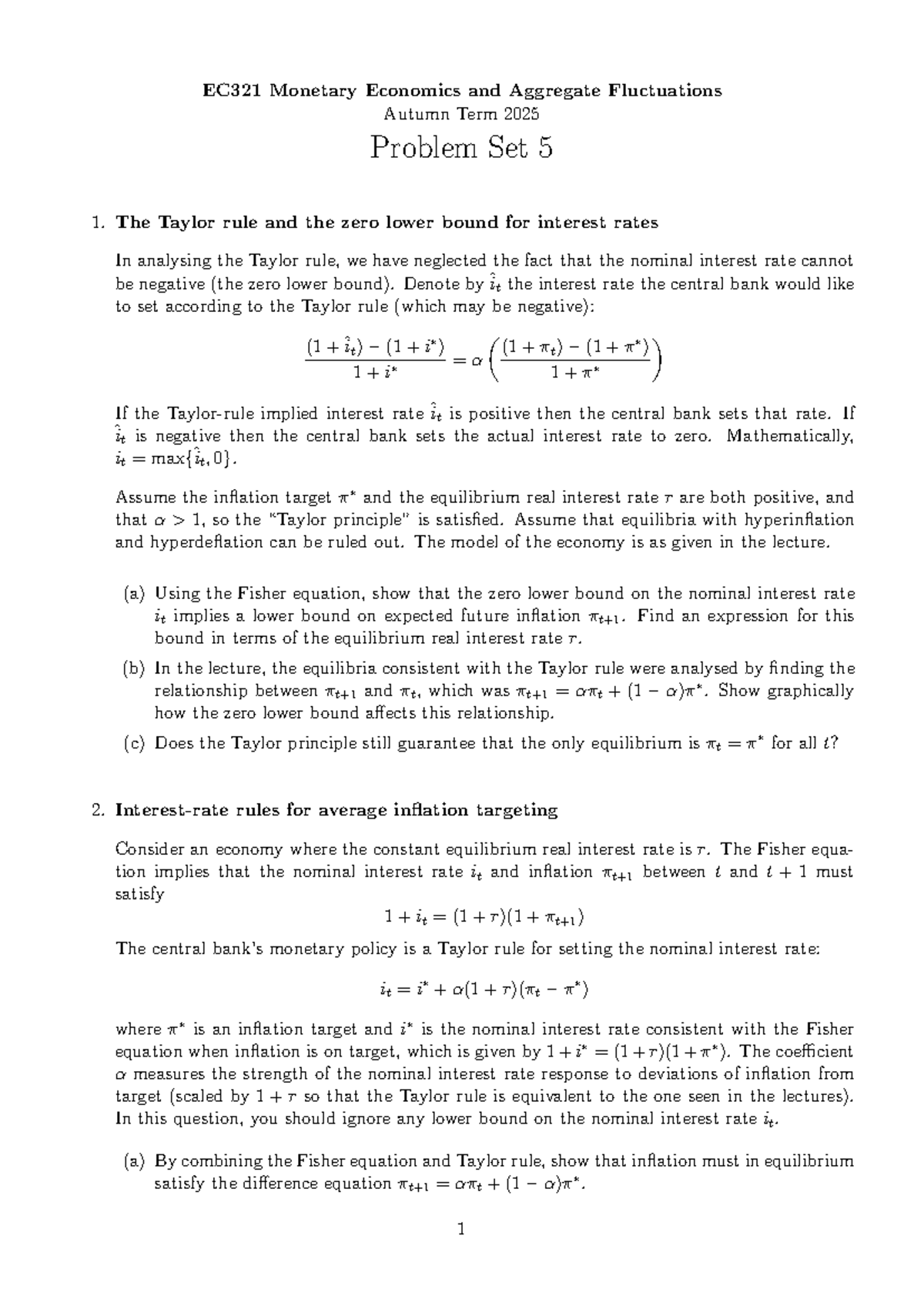 EC321 Monetary Economics: Problem Set 5 on Taylor Rule & ZLB - Studocu