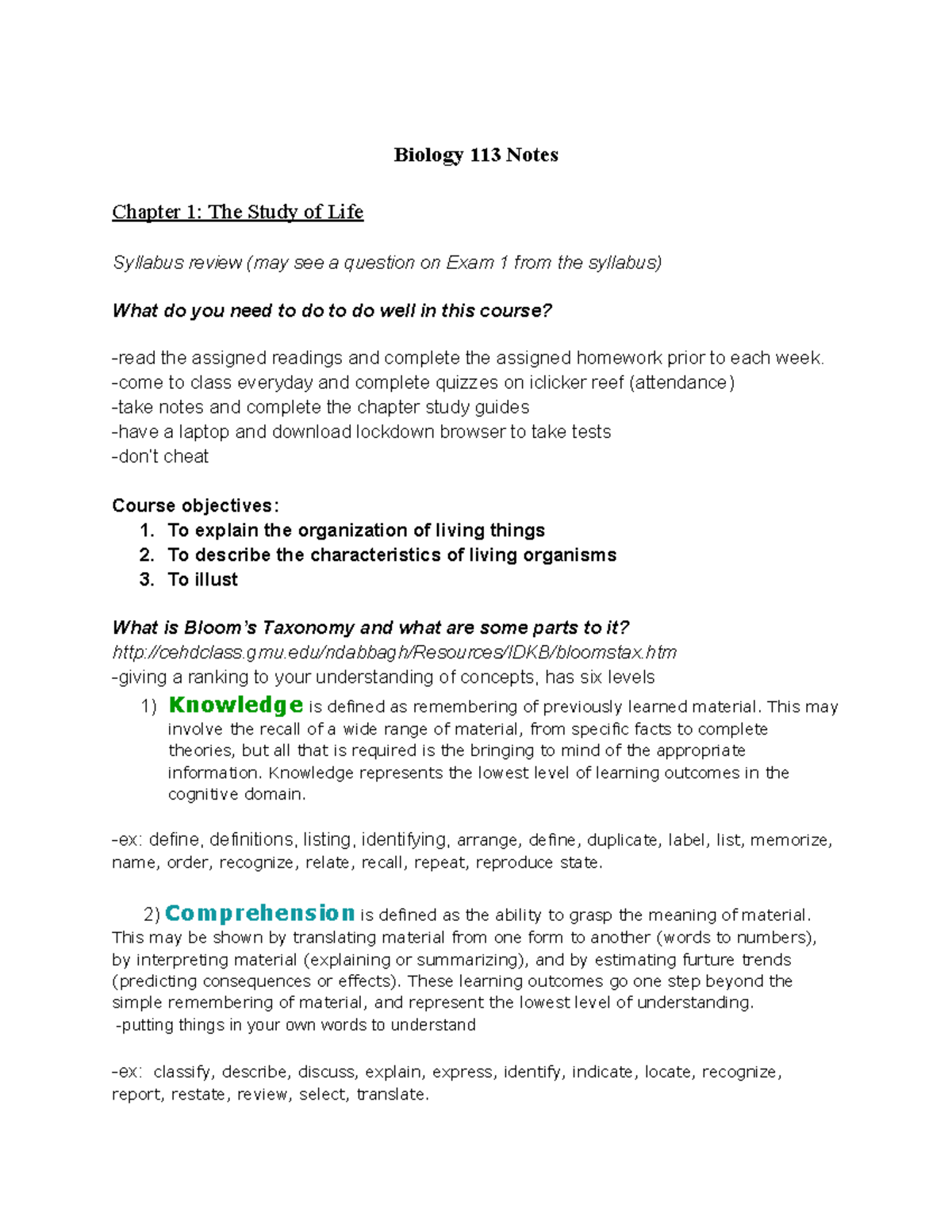 Biol 113 Chapter 1 Notes - Biology 113 Notes Chapter 1: The Study of ...