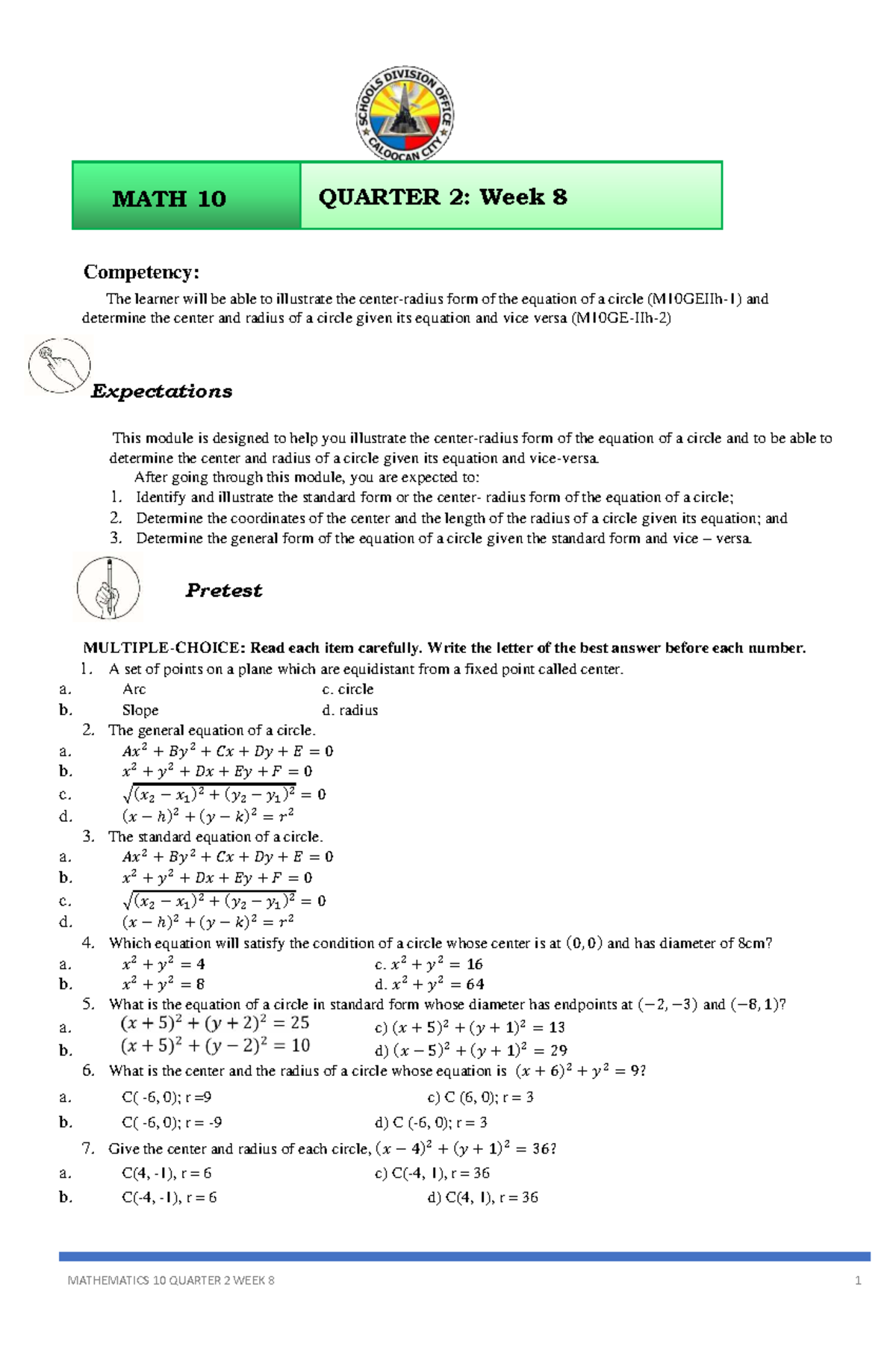 MATH 10 QUARTER 2: Week 8 - Understanding Circle Equations and ...