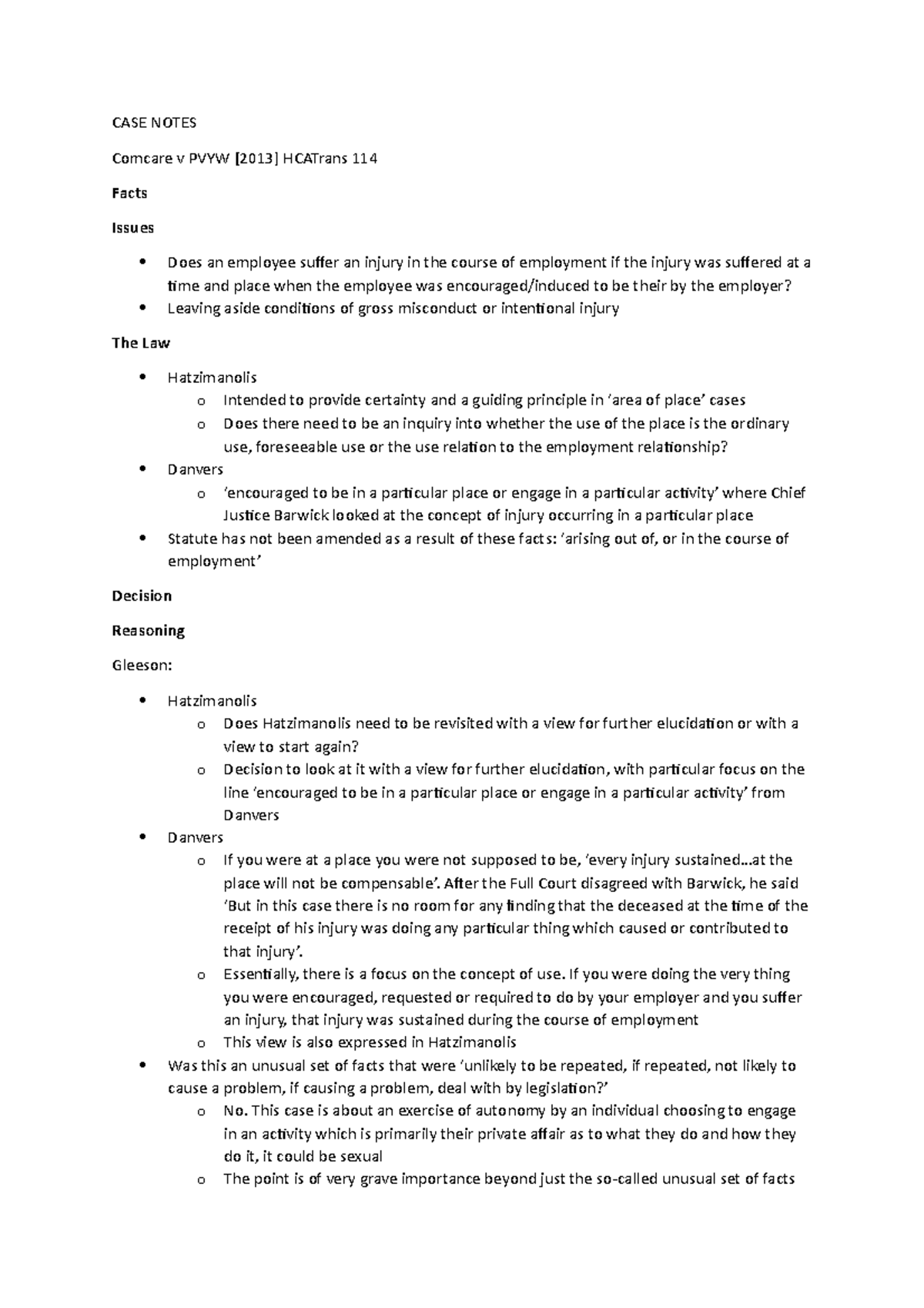 CASE Notes - Comcare v PVYW [2013] HCATrans 114 Case Summary - Studocu