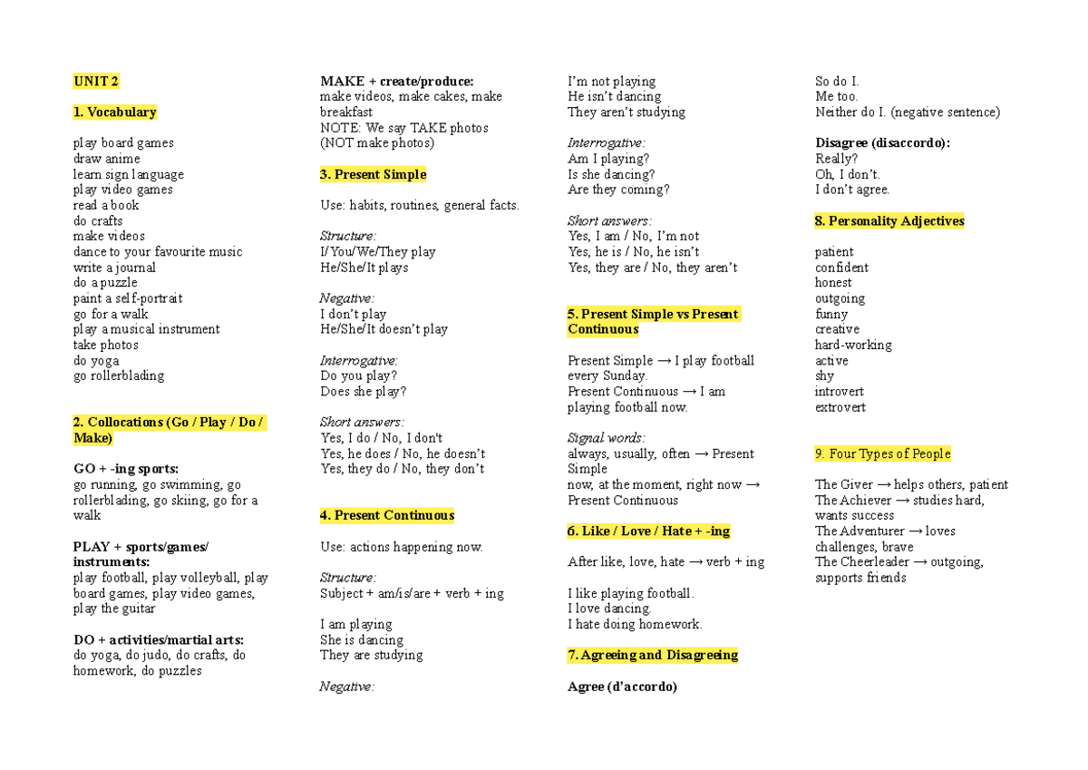 Unit 2 - Vocabulary & Grammar Notes for ESL Learners - Studocu