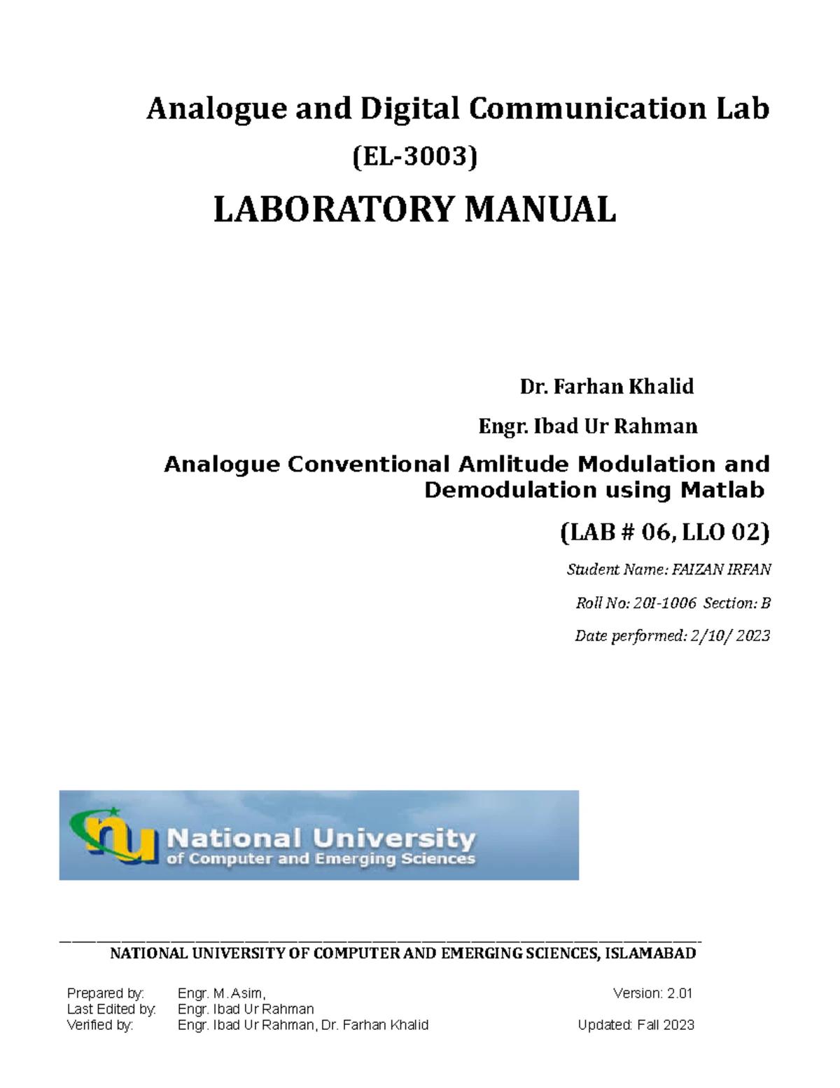 Amplitude Modulation Implementation - EL-3003 Lab #04 (Fall 2024) - Studocu