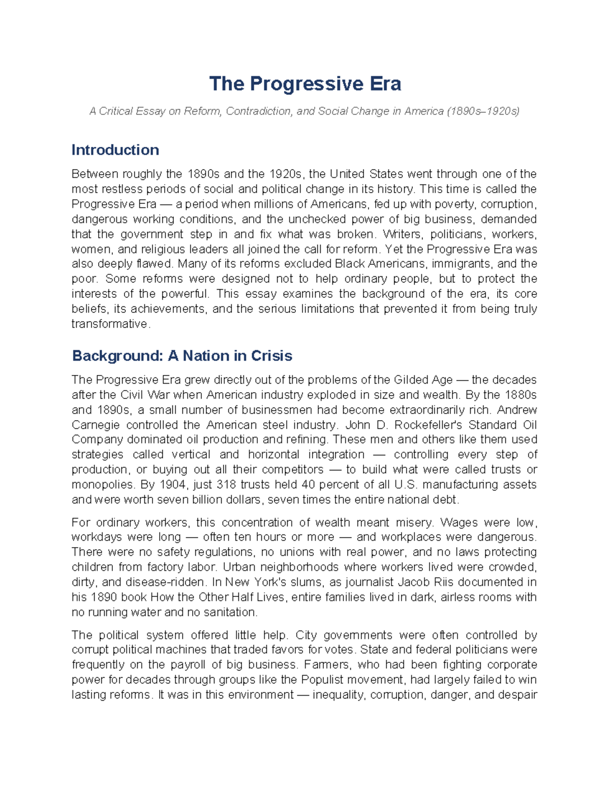Progressive Era (1890-1920): Reform, Contradictions, and Change Essay ...