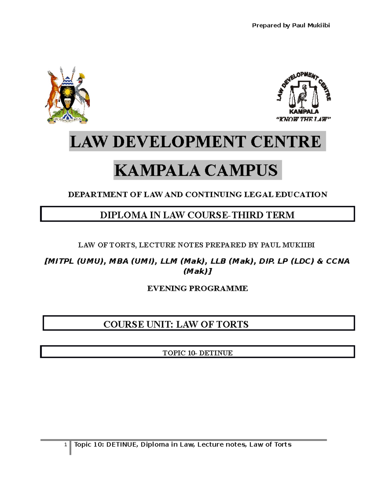 Topic 10 - Detinue Overview for LAW 101 Lecture Notes - Studocu