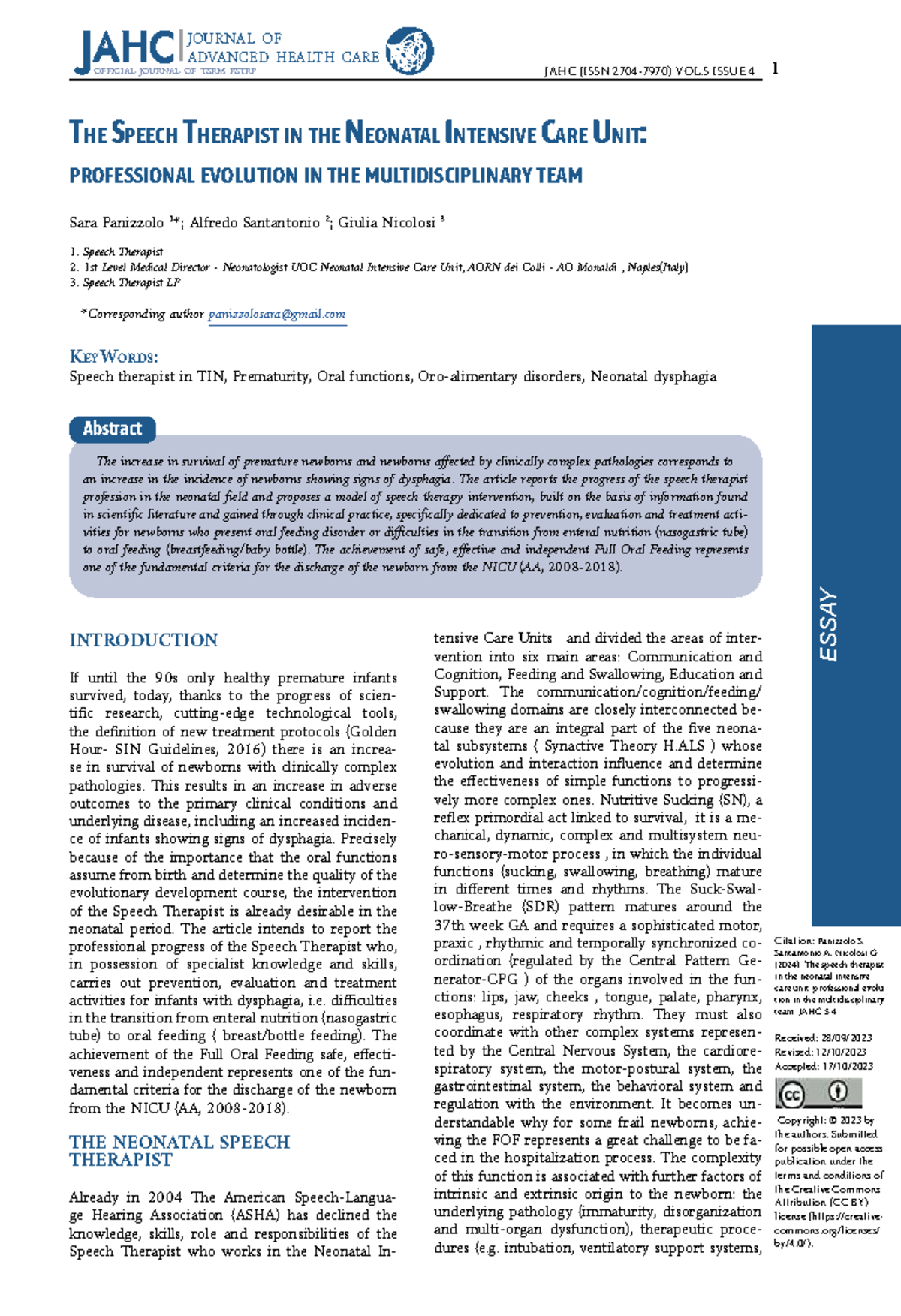 JAHC 5:4 - The Role of Speech Therapists in Neonatal Intensive Care ...