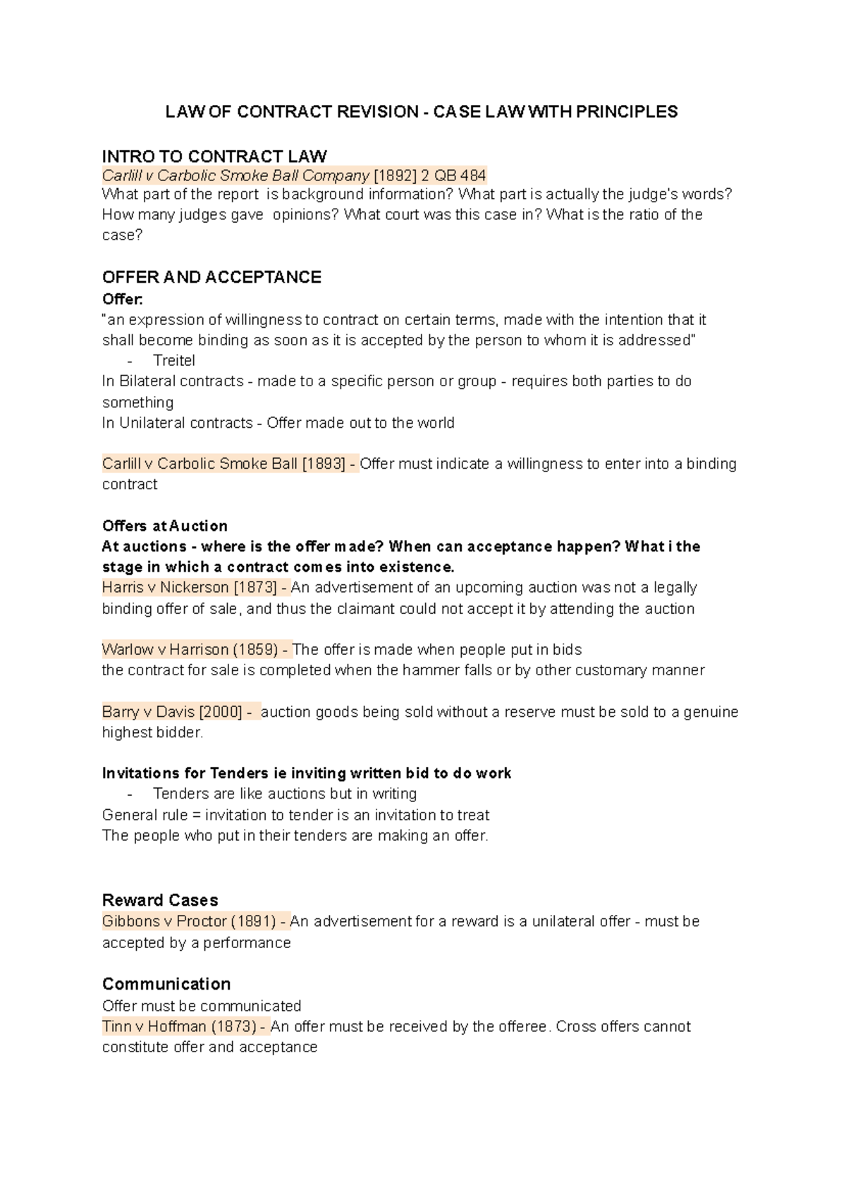 LAW 101 - Contract Law Revision: Key Case Laws & Principles - Studocu
