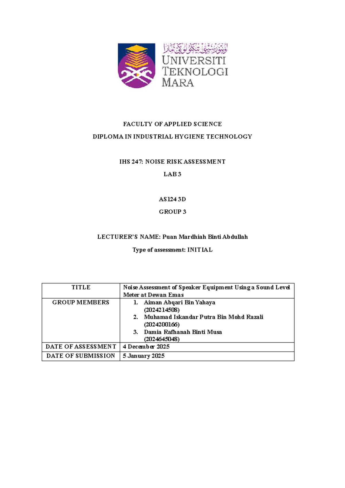 IHS 247: Noise Risk Assessment Lab 3 Report - Group 3 - Studocu