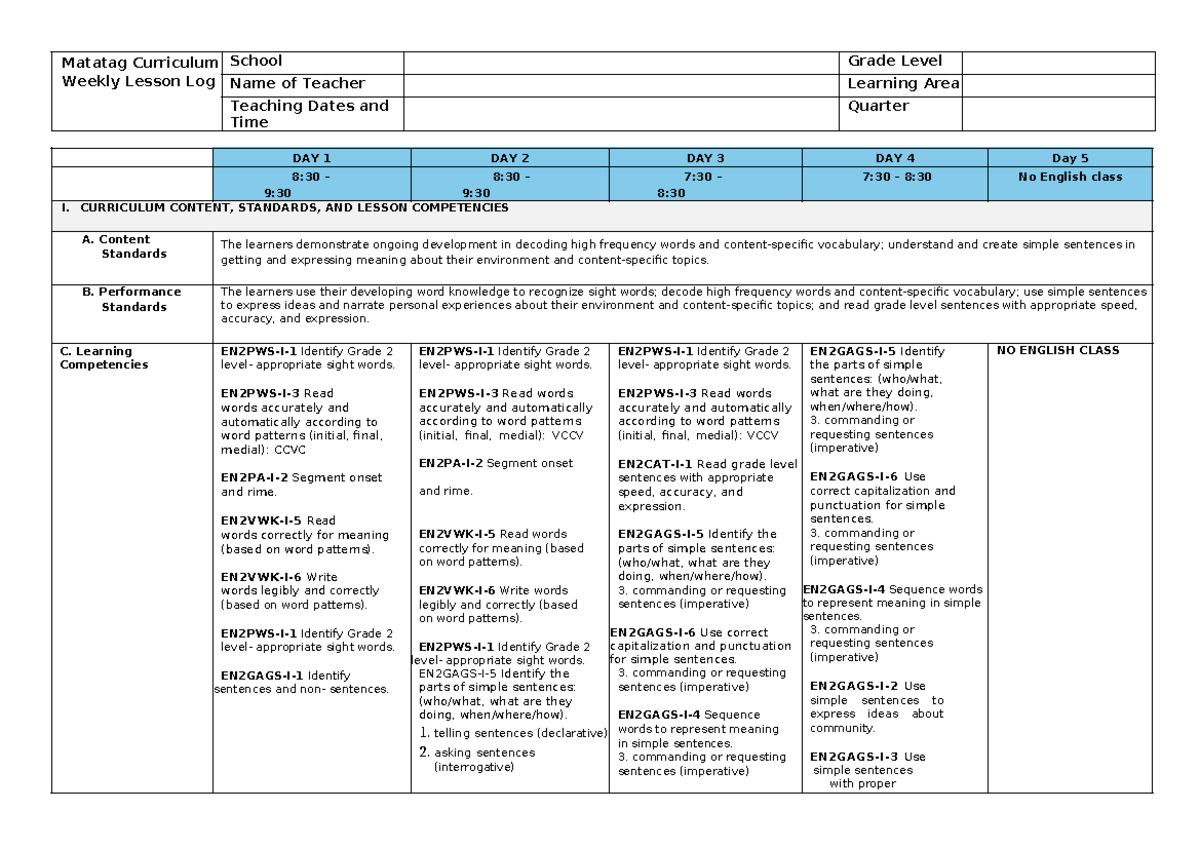 Q4 English DLL WEEK 6: Grade 2 Lesson Plan and Activities - Studocu