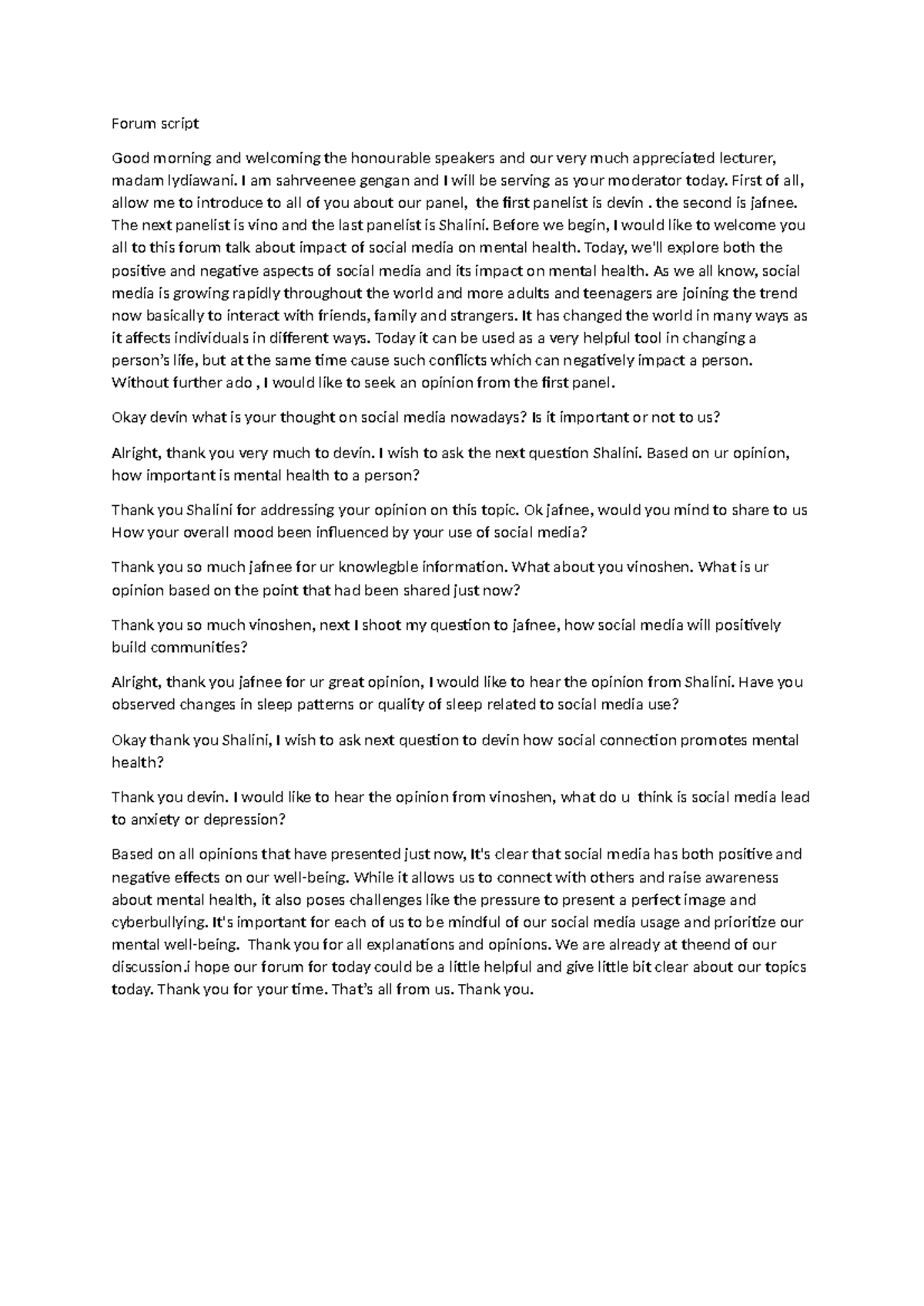 Forum script - Forum script Good morning and welcoming the honourable ...