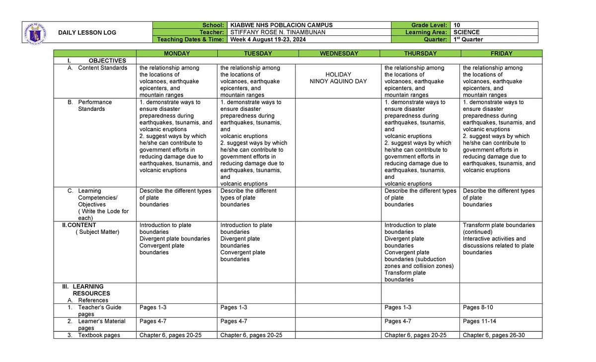Science 10 Wk2 - Daily Lesson Log on Plate Tectonics and Volcanoes ...