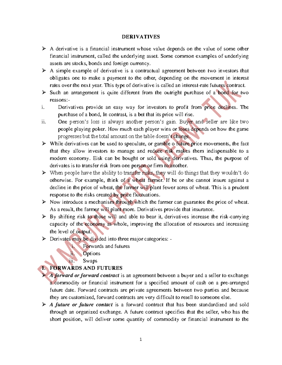 Derivatives Overview: Final Notes for Financial Instruments (FIN101 ...