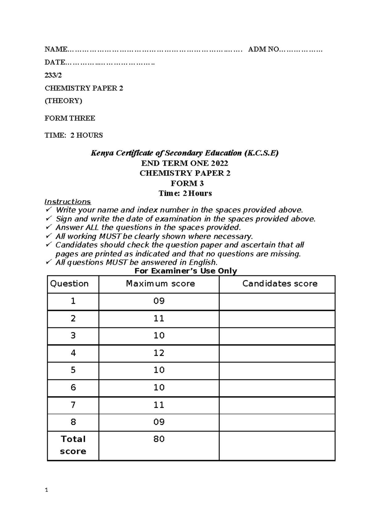F3 CHEMISTRY PAPER 2 END TERM 1 2022 - K.C.S.E Exam - Studocu