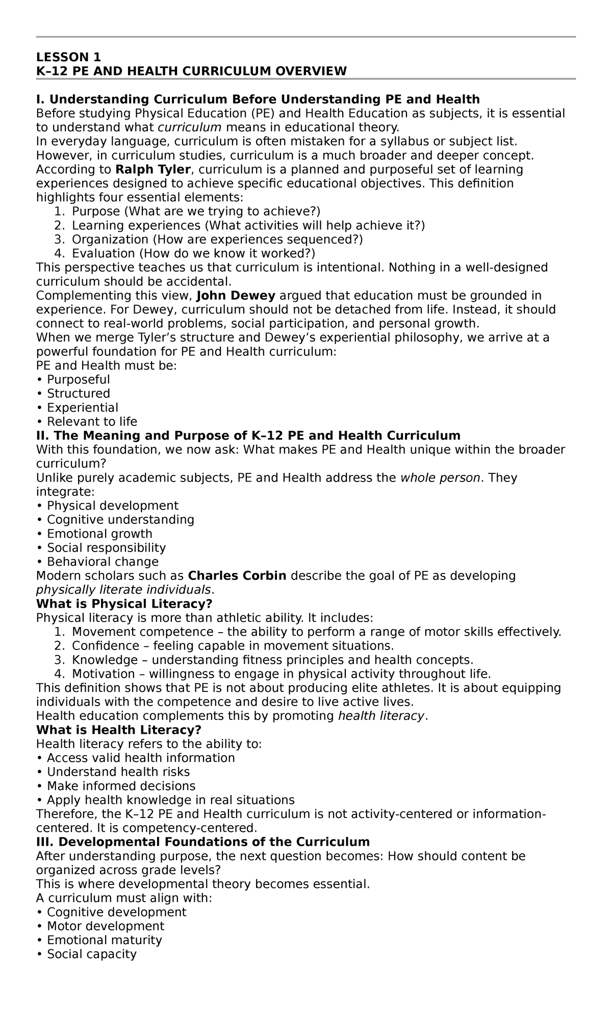 LESSON 1: PE & HEALTH CURRICULUM OVERVIEW - Studocu