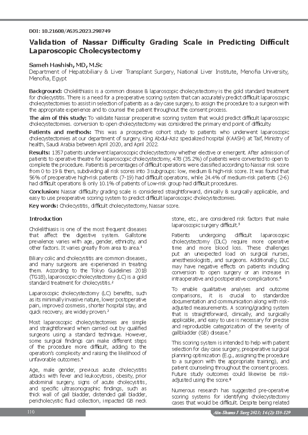 Validation of Nassar Difficulty Grading Scale for Laparoscopic ...