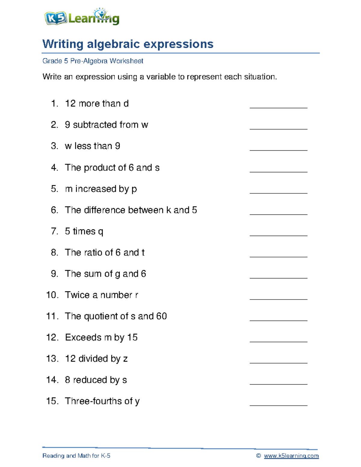 Grade 5 write expressions b - Reading and Math for K- 5 © k5learning ...