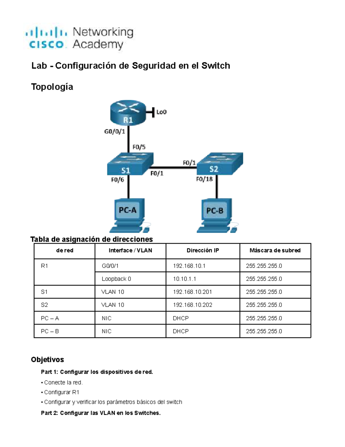 Lab 11.6.2: Configuración de Seguridad en el Switch y VLANs - Studocu
