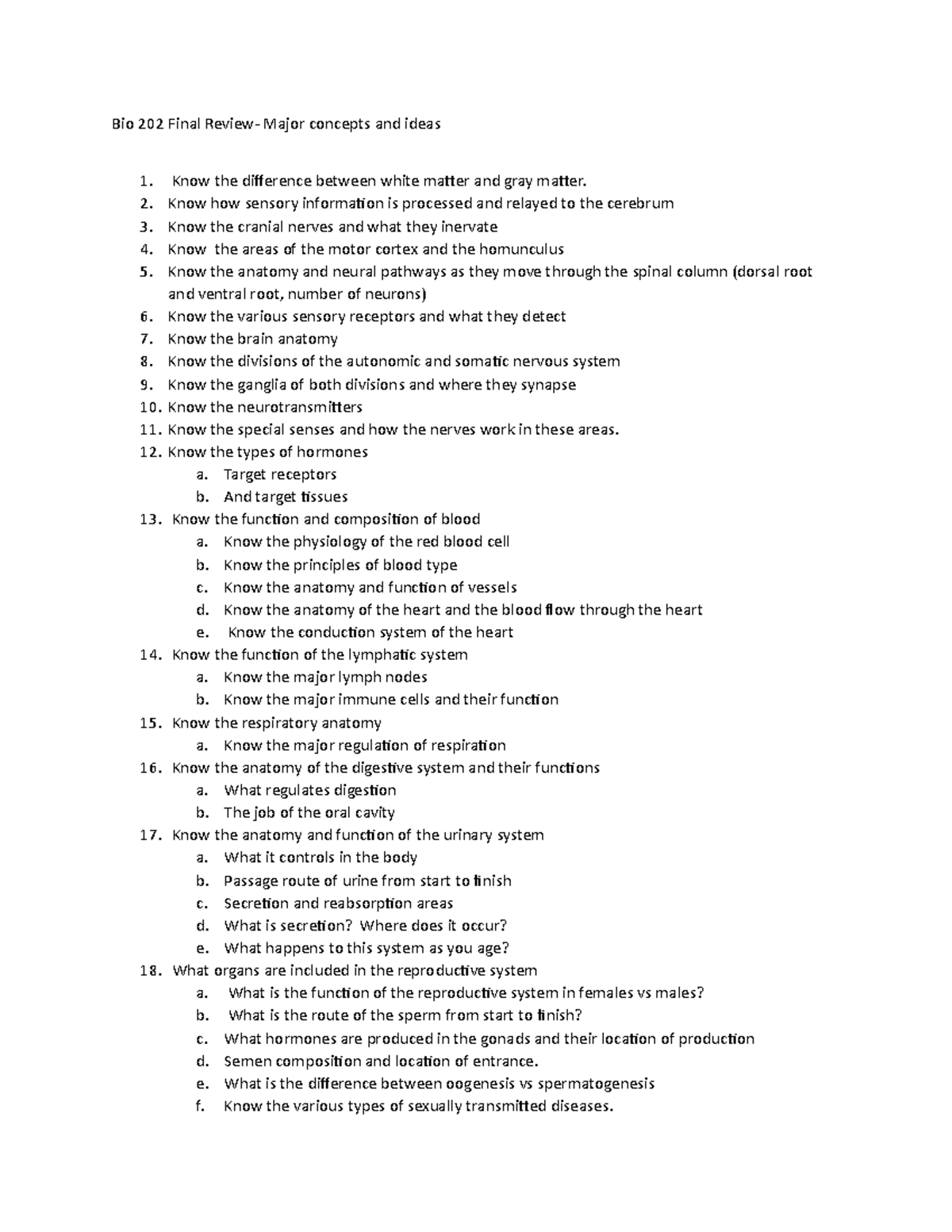 Bio 202 Final Review - Bio 202 Final Major concepts and ideas 1. 2. 3 ...