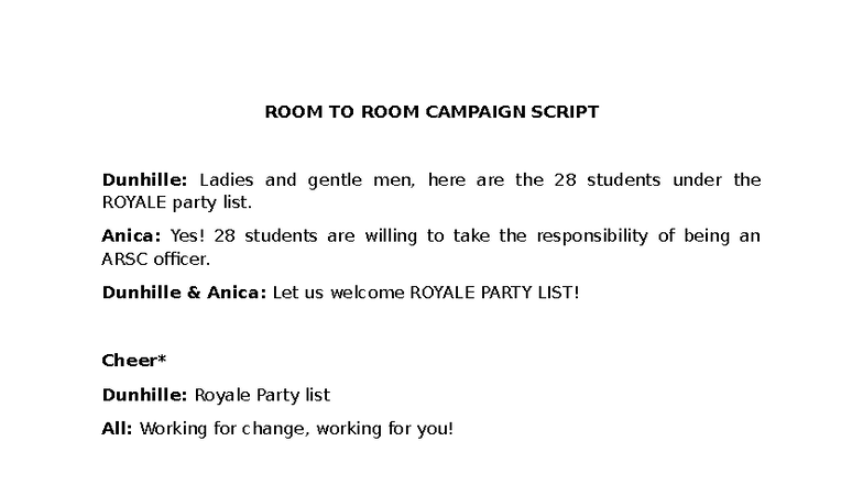 ROOM TO ROOM CAMPAIGN SCRIPT: Royale Party List Candidates - Studocu