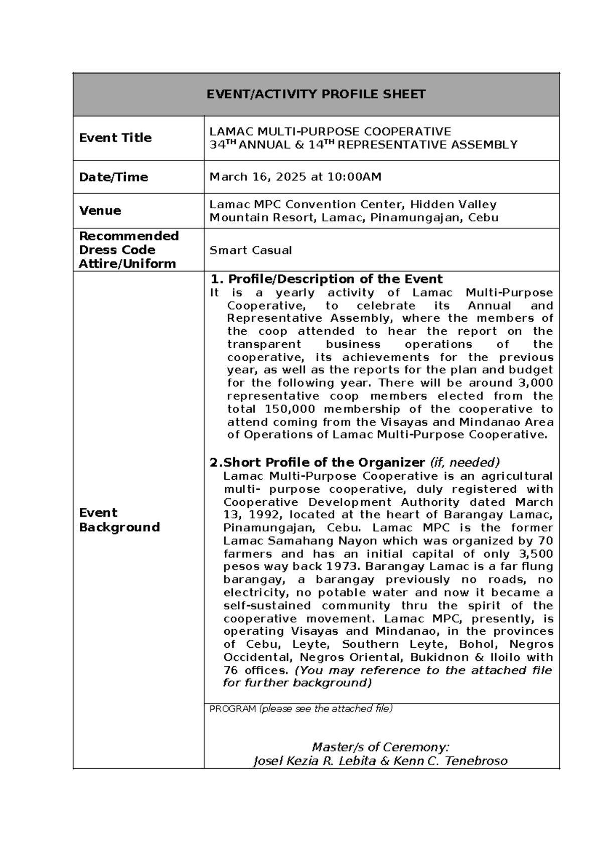 Event Activity Profile Sheet Form - EVENT/ACTIVITY PROFILE SHEET Event ...