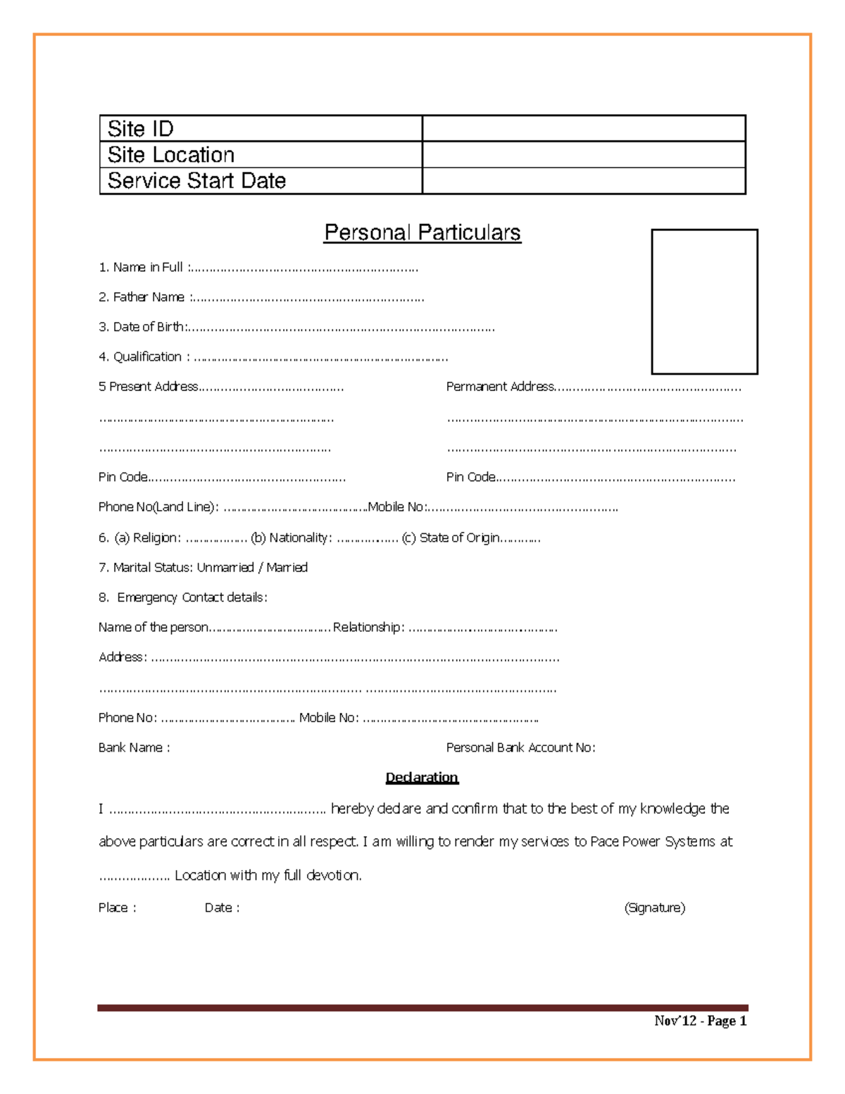 Personal Particulars form - Nov’12 - Page 1 Site ID Site Location ...