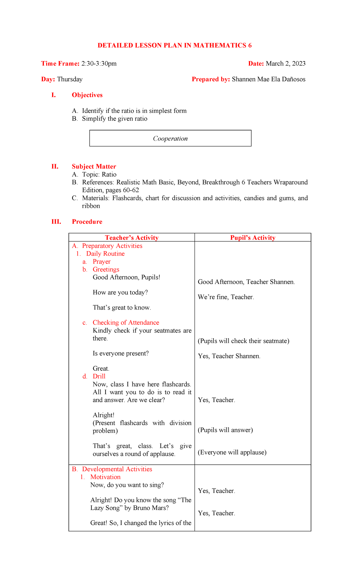 DETAILED LESSON PLAN IN MATHEMATICS 6: RATIO AND SIMPLIFICATION - Studocu