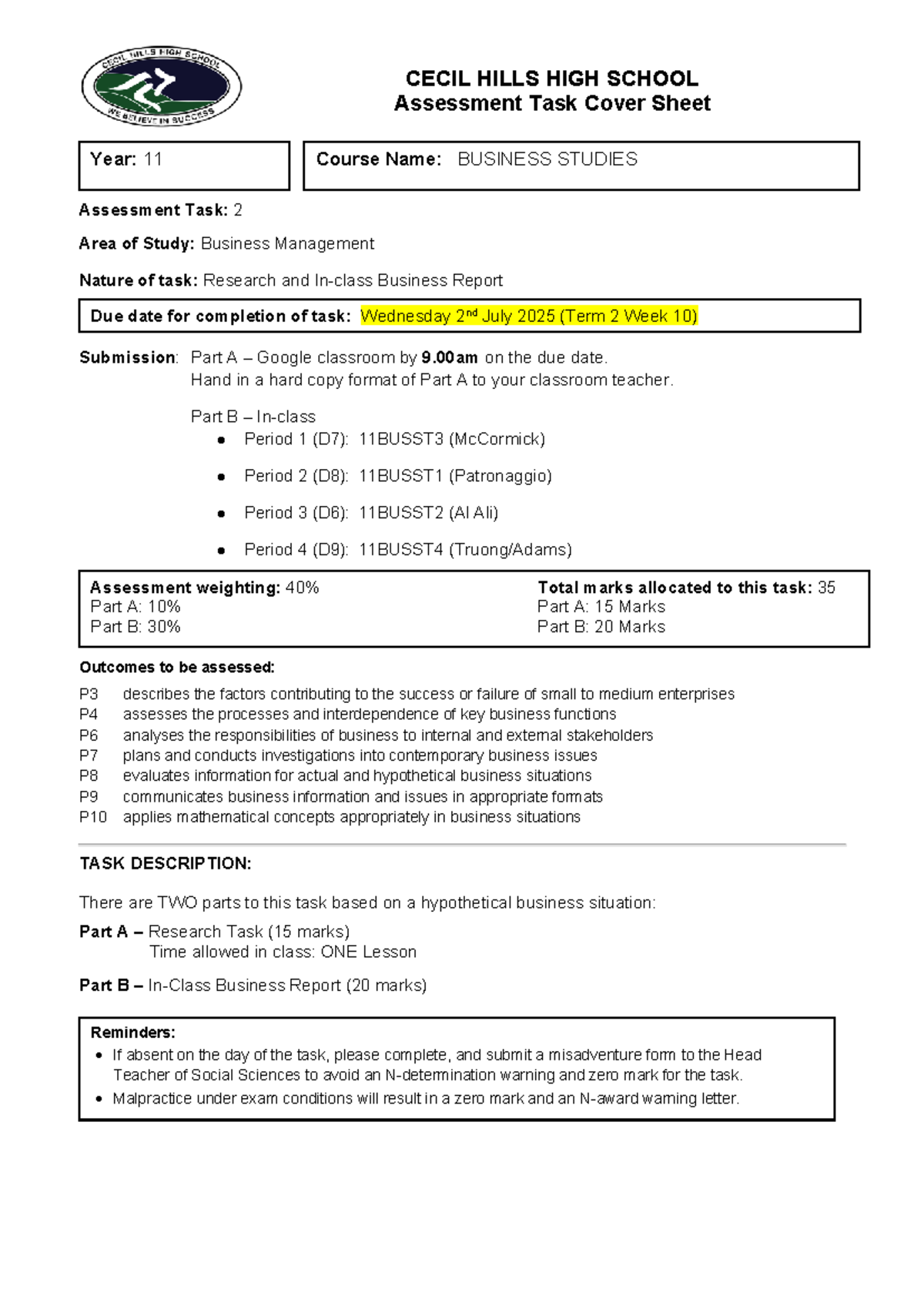 11BUSST2 Assessment Task 2: Business Management Report 2025 - Studocu