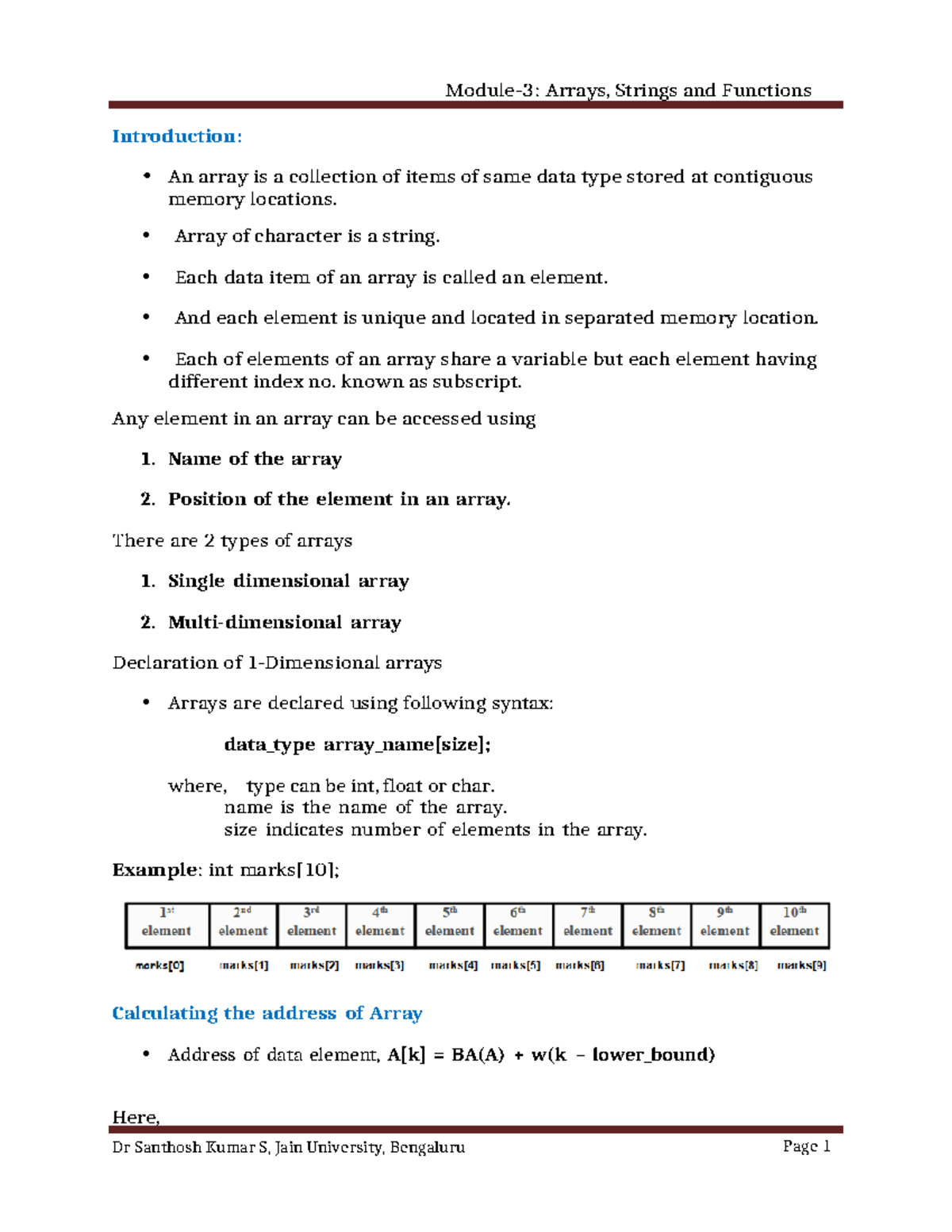 FCS Module-3 Notes[Arrays] - Introduction: • An array is a collection ...