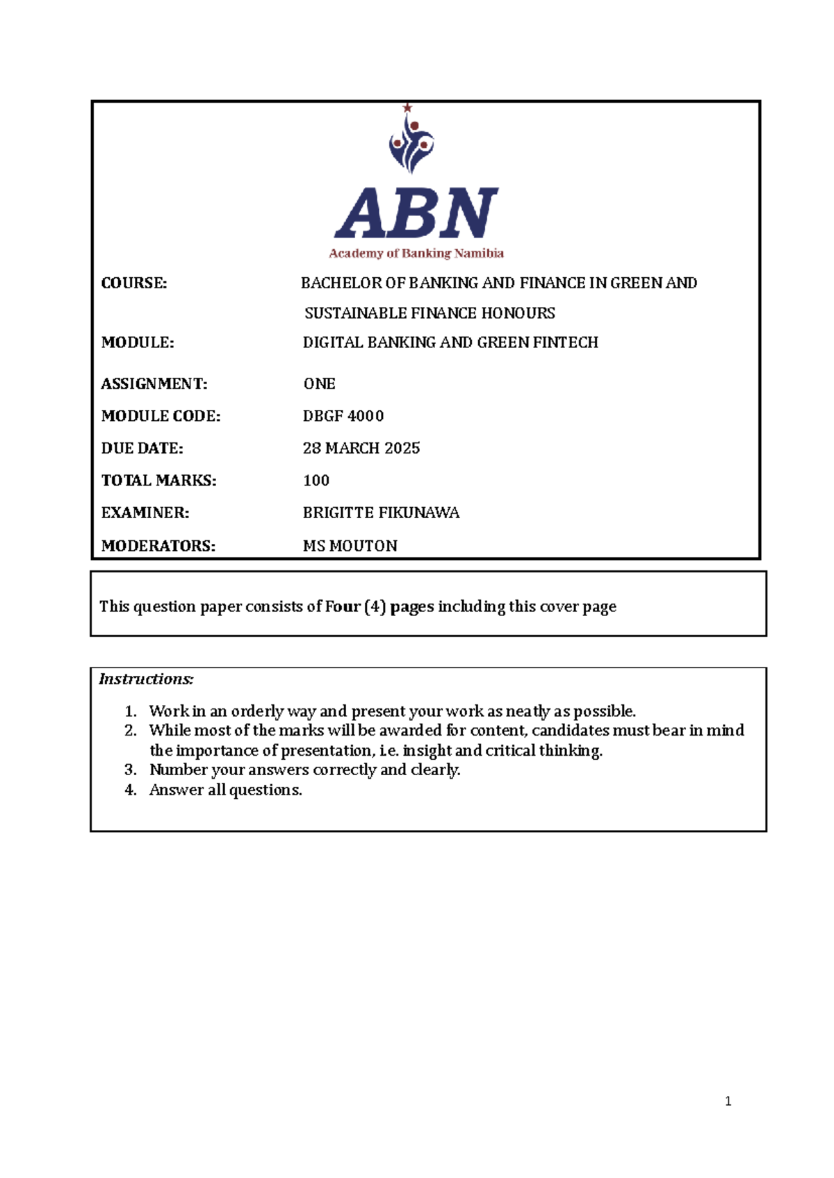 DBGF 4000: Digital Banking Innovations - Assignment One Guide - Studocu
