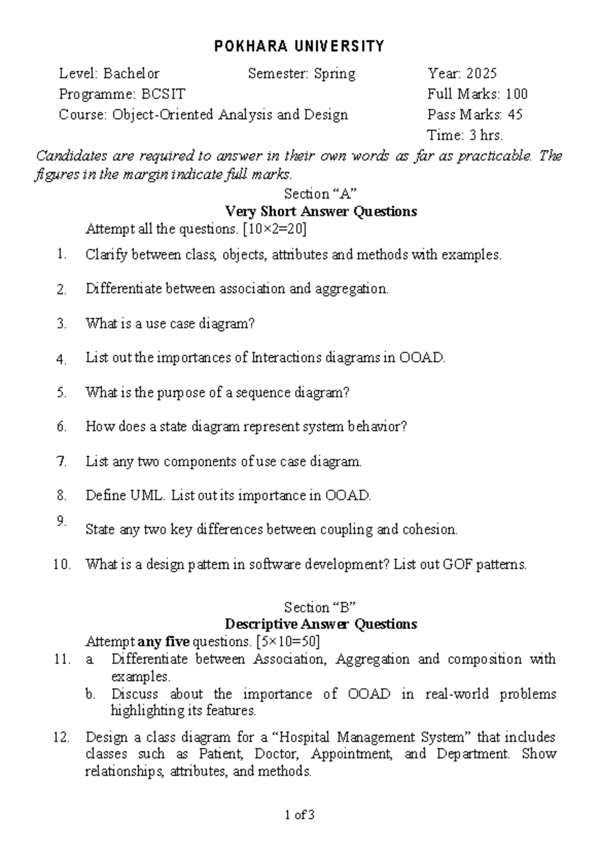BCSIT 2025: Object Oriented Analysis & Design Model Questions - Studocu