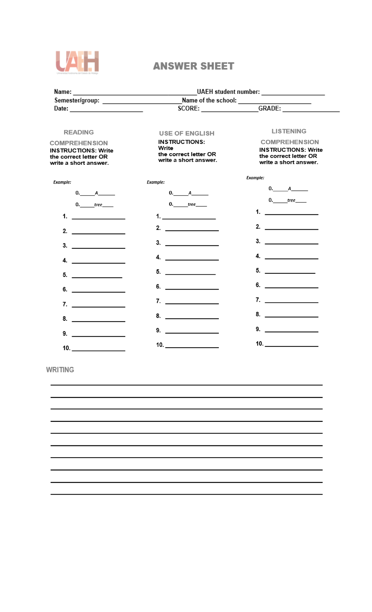 Answer sheet 2024 - practicas - UAH ANSWER SHEET Name: UAEH student ...