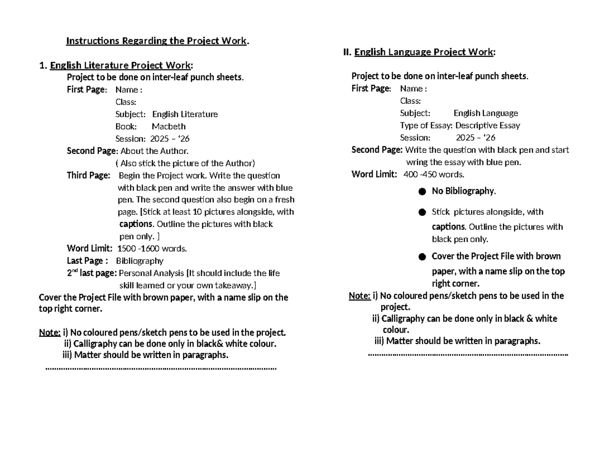 Instructions for Project Work - English Lit & Lang - 2025-26 - Studocu