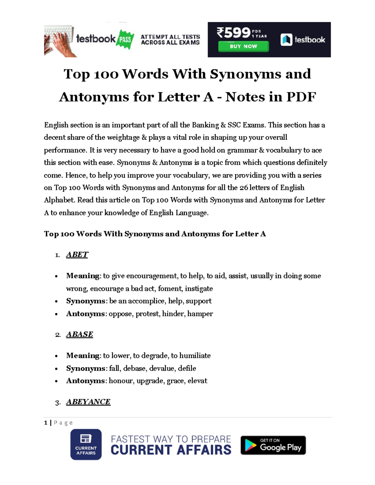 Top 100 Words With Synonyms and Antonyms for Letter A Notes in PDF ...