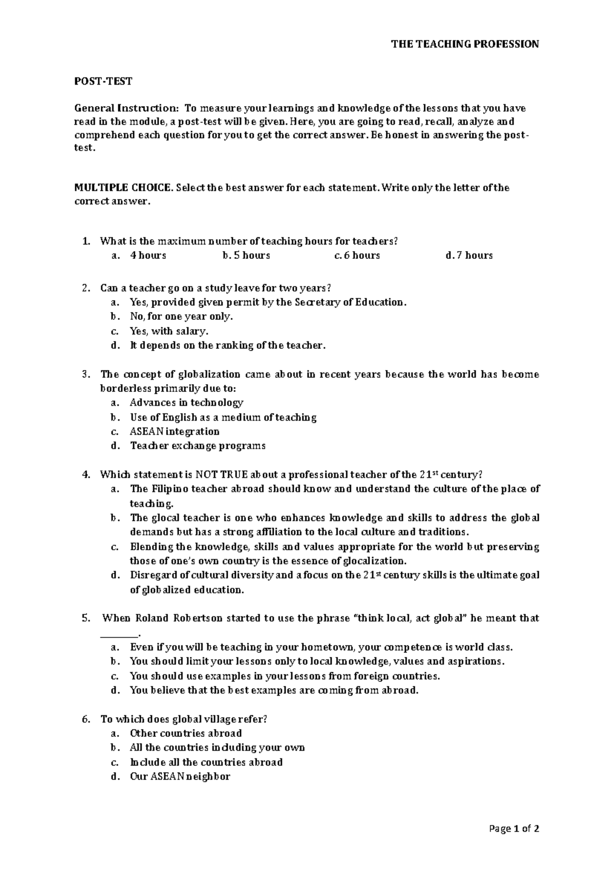 Educ 203 Post Test: Measuring Insights on the Teaching Profession - Studocu