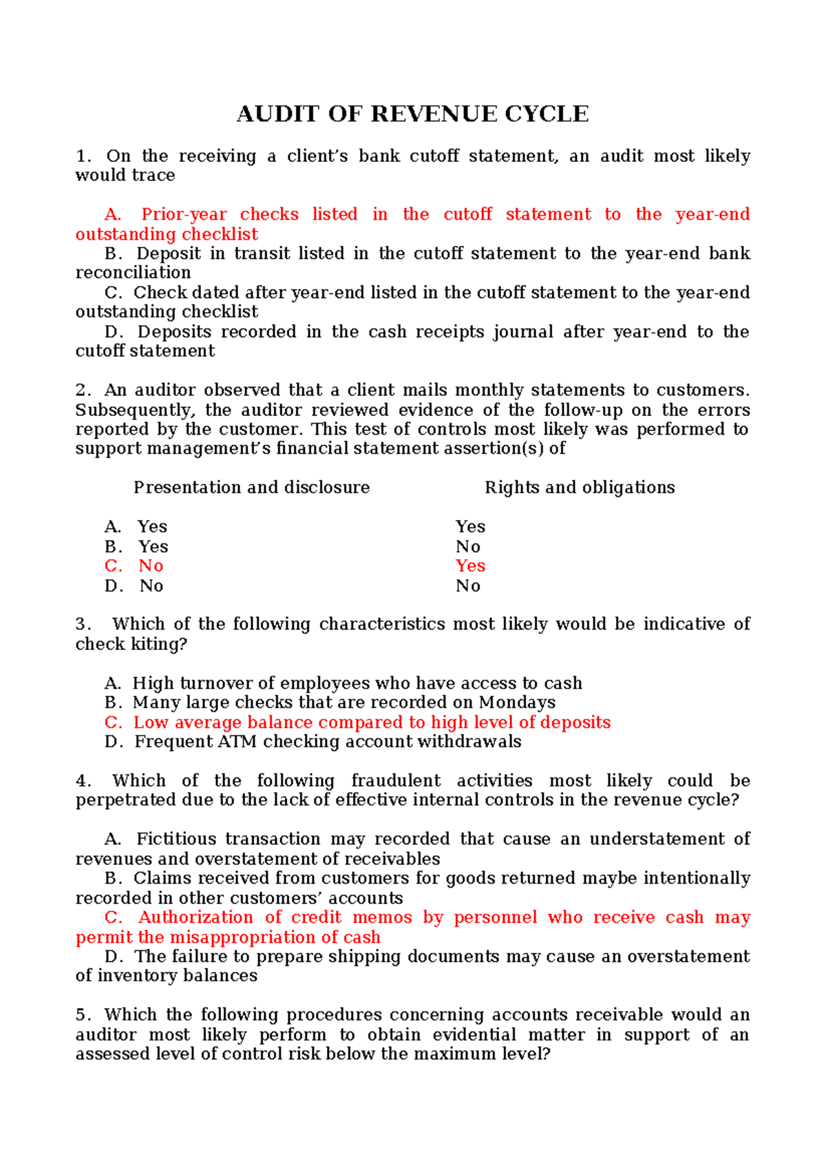 Cabrera - Revenue Cycle Audit Questions and Answers (64Q) - Studocu
