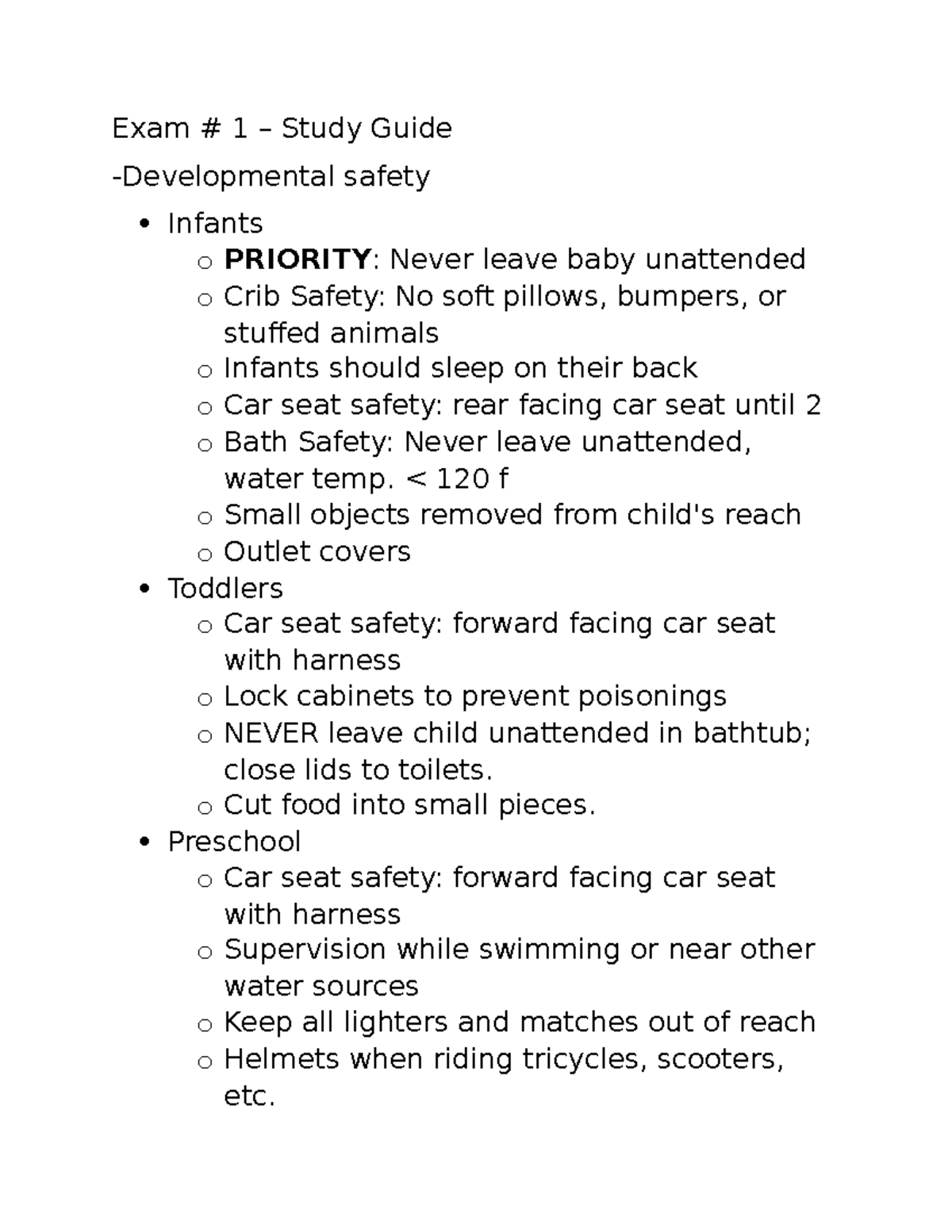PEDS 101: Study Guide for Exam 1 - Child Development & Safety - Studocu