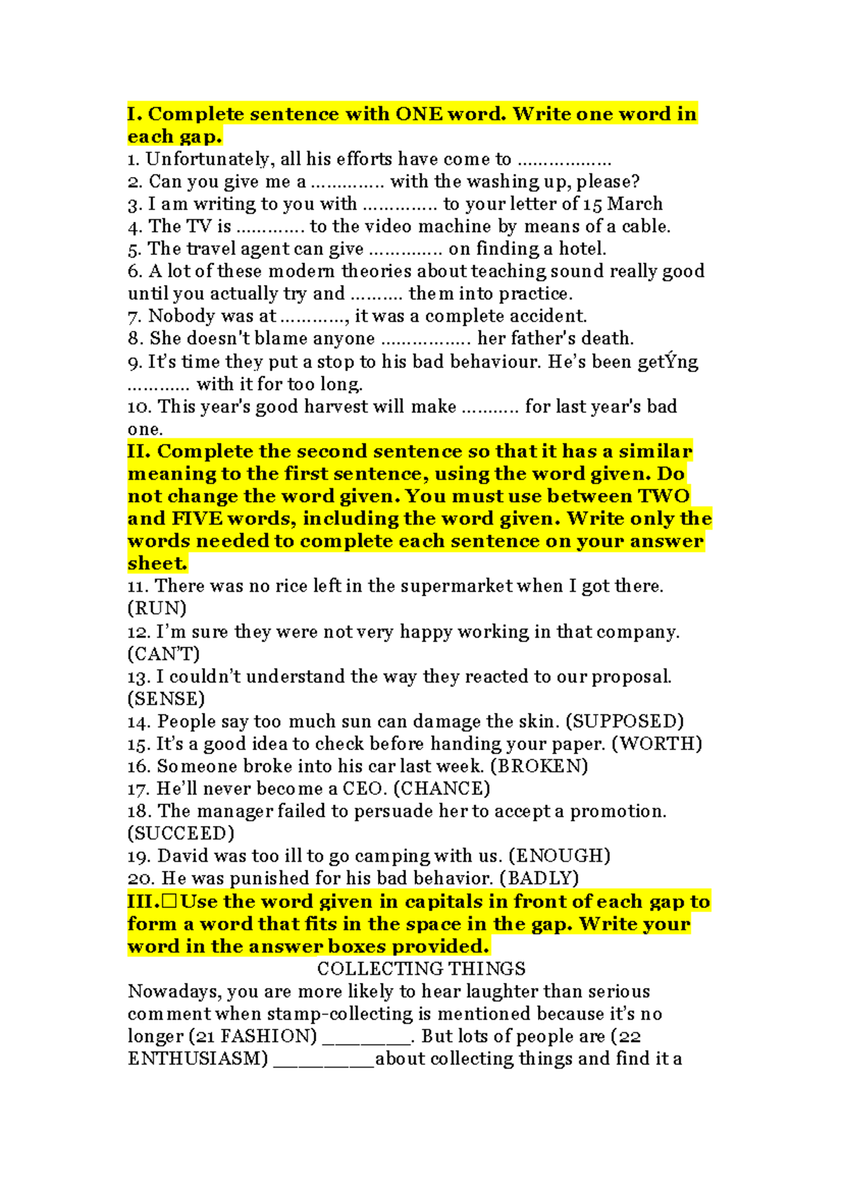 Complete Sentence Exercises for English Language Proficiency (ENG101 ...